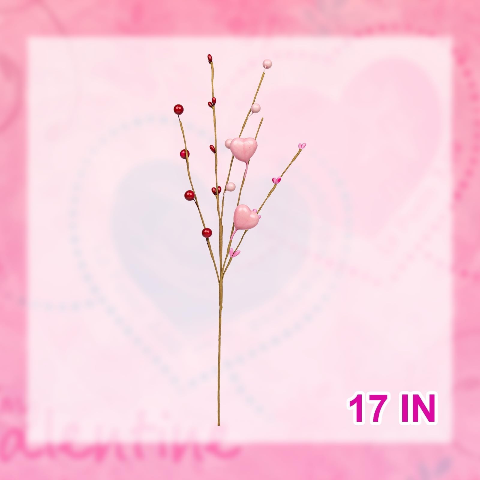 24 Pack Pink Heart Shaped Berry Picks with Red Berries – Valentine’s Day Decor,