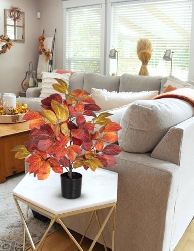19.7″ Fake Fall Tree in Black Pot, Autumn Small Artificial Leaf Tree Beech