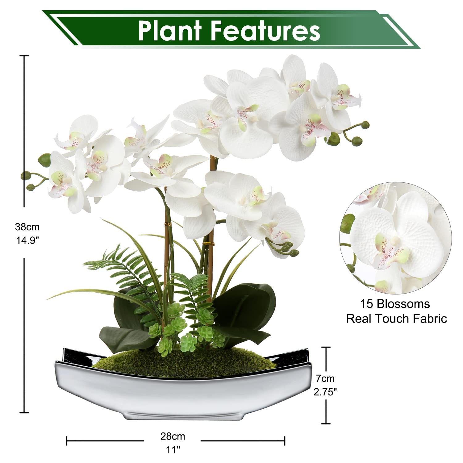 Orchids Artificial Flowers 15 Inch White Phalaenopsis Silver Pot Real Touch