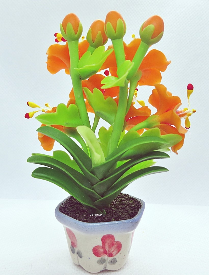US Stock 4″H Handmade Miniature Air Dry Clay Hibiscus Arranged in Ceramic Pot