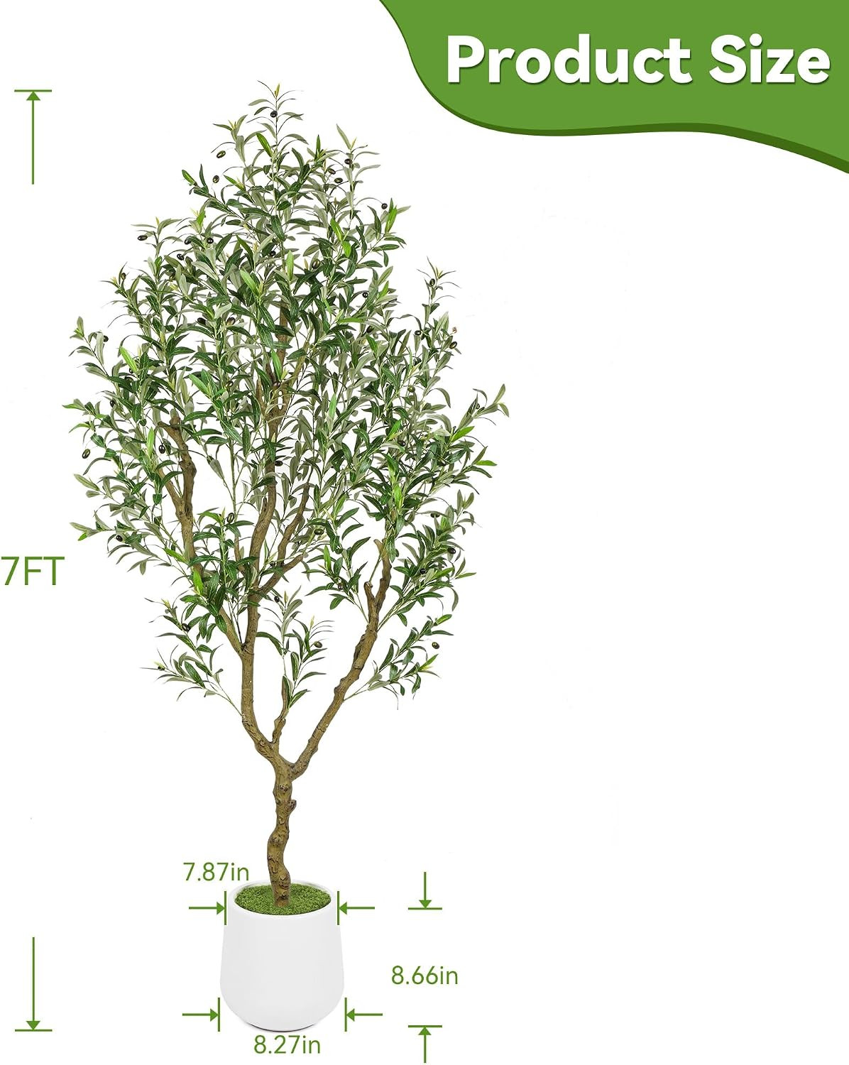 7Ft Artificial Olive Tree with White Tall Planter, Realistic Leaves & Fruits Art