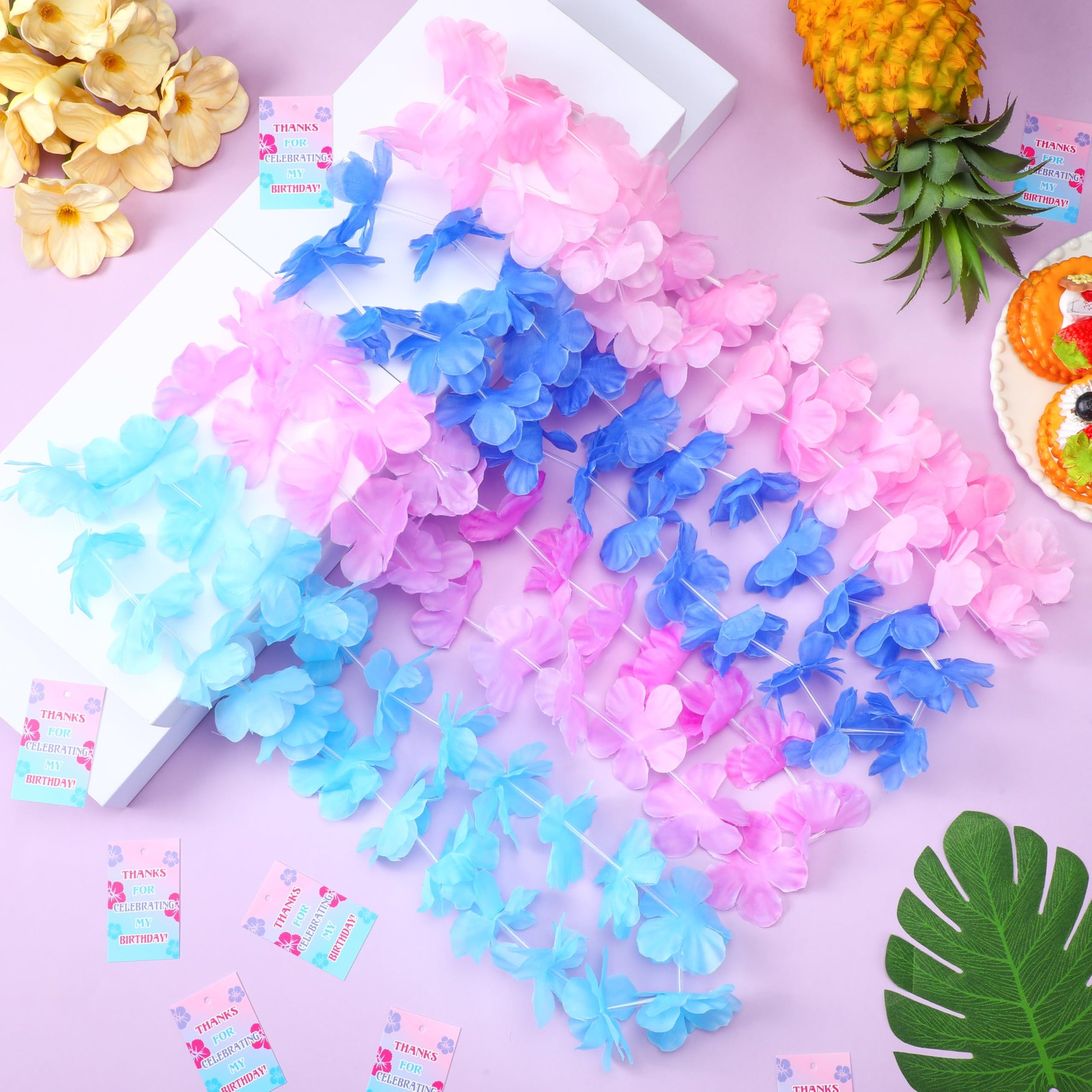 24 Counts Hawaiian Leis Bulk Luau Party Silk Flower Necklace Blue Pink Tropic…