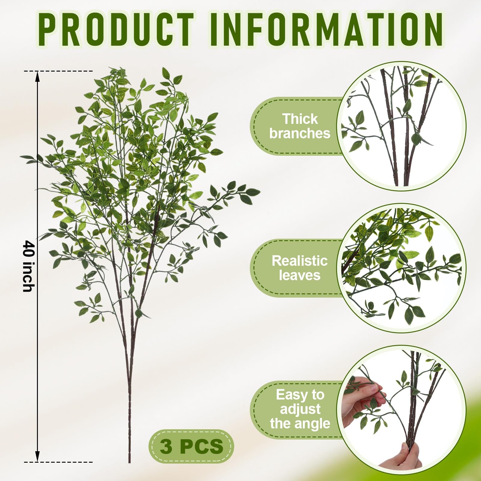 3 Pcs Artificial Greenery Stems 40 Inches Tall Faux Nandina Branches Fake Gre…