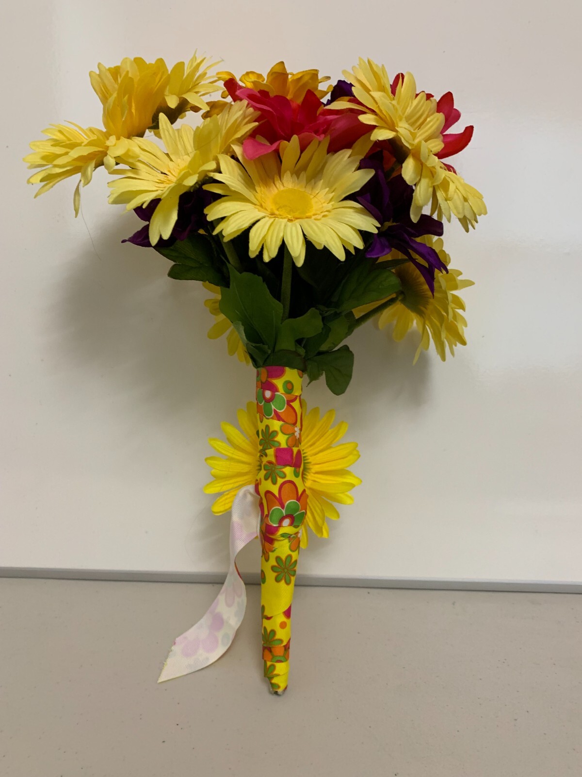 HAND MADE FLORAL DAISY BOUQUET – YELLOW PINK & PURPLE FLOWERS