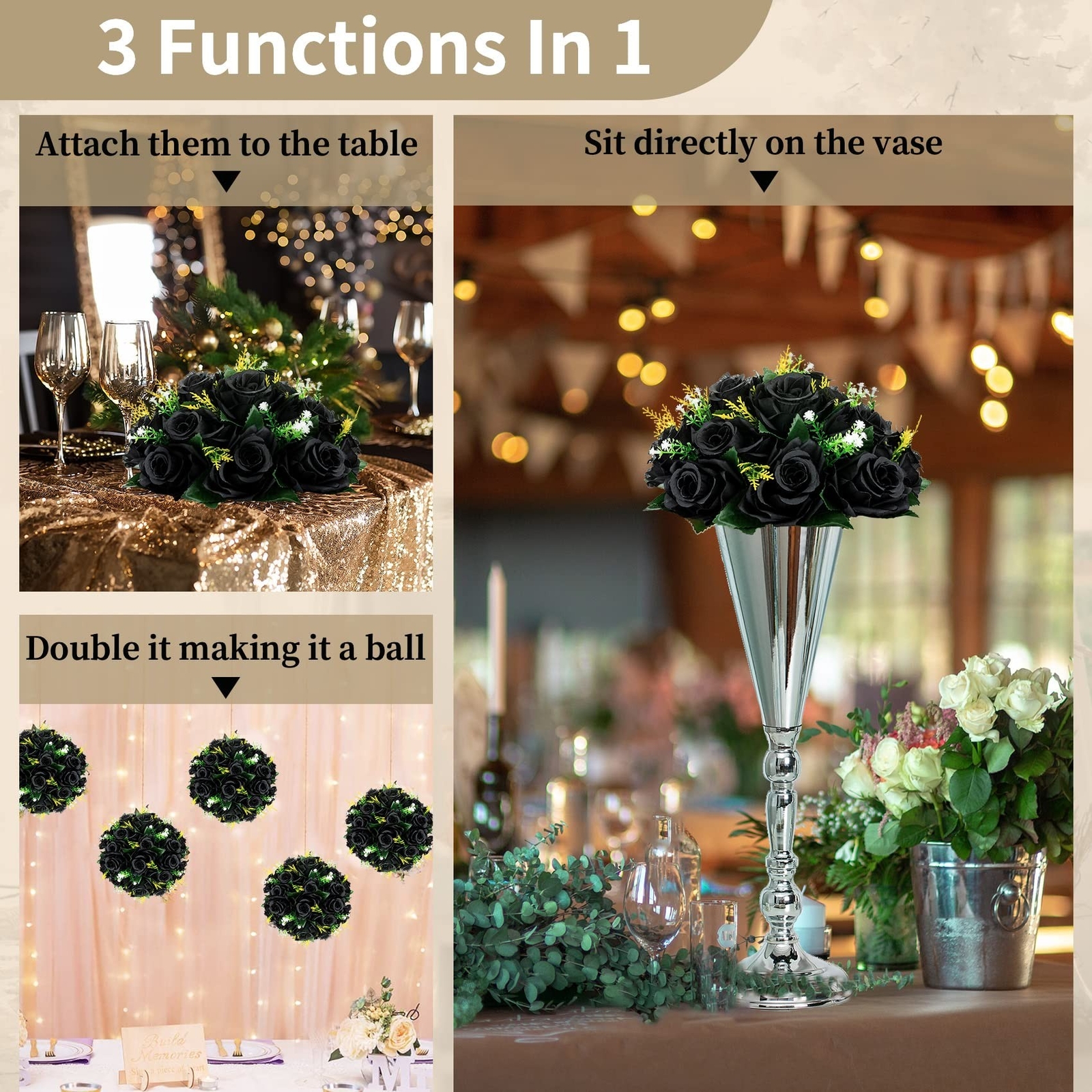 NUPTIO Black Roses Artificial Flowers Pcs of 6 Fake Flower Bouquet Black Hydr…