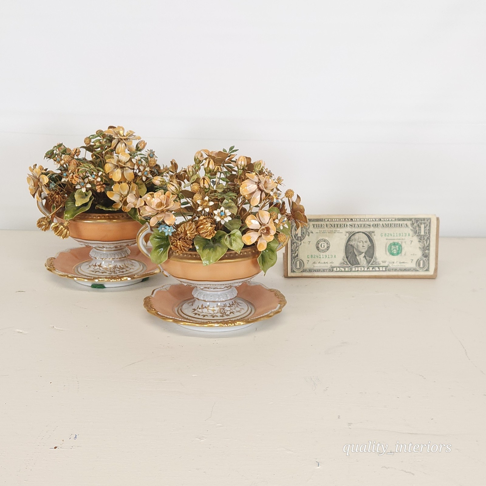 Pair Jane Hutcheson for Gorham Apricot Teacup & Saucer Floral Arrangement