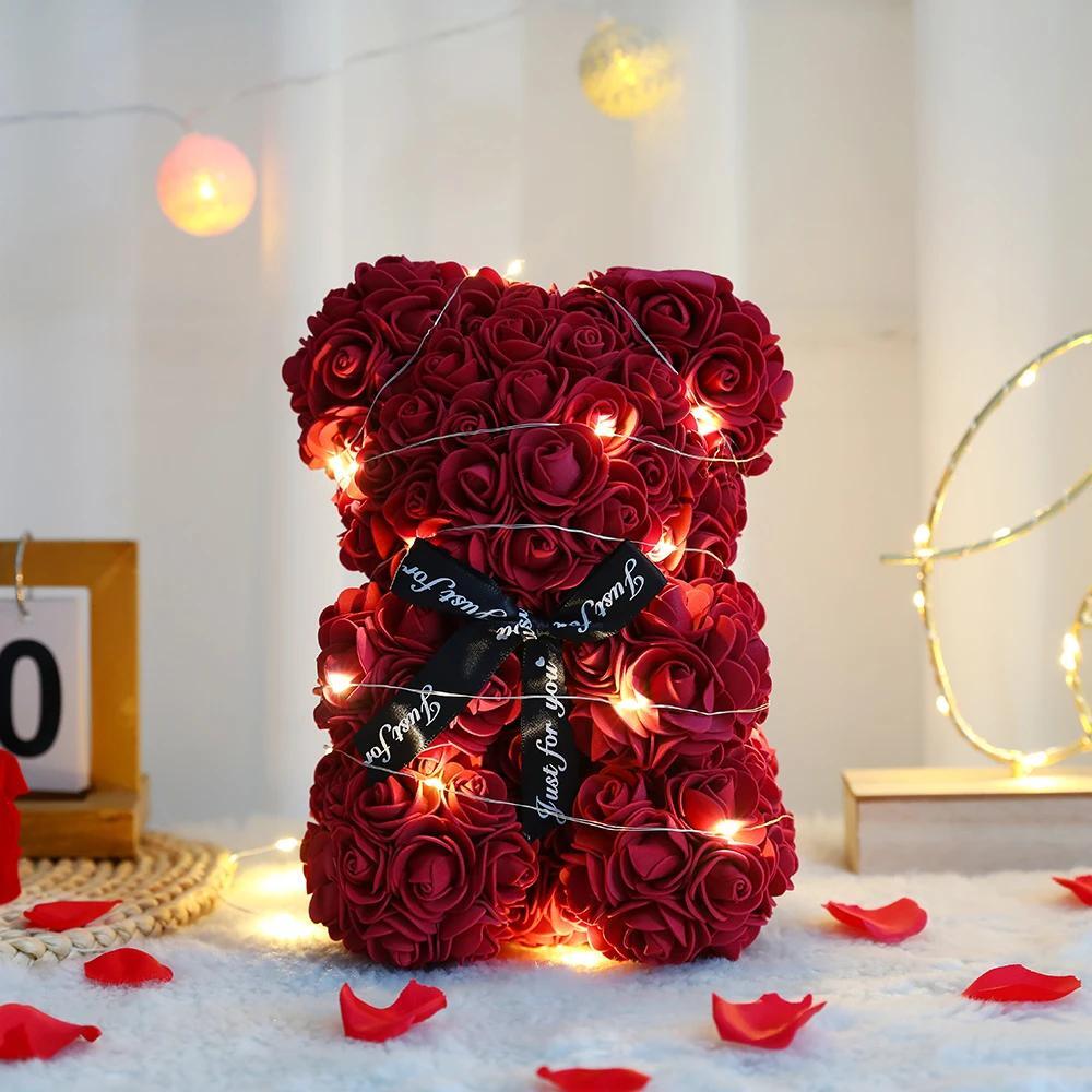 25cm Artificial Teddy Rose Flower Bear with Box Romantic Valentines Day Gift Gir