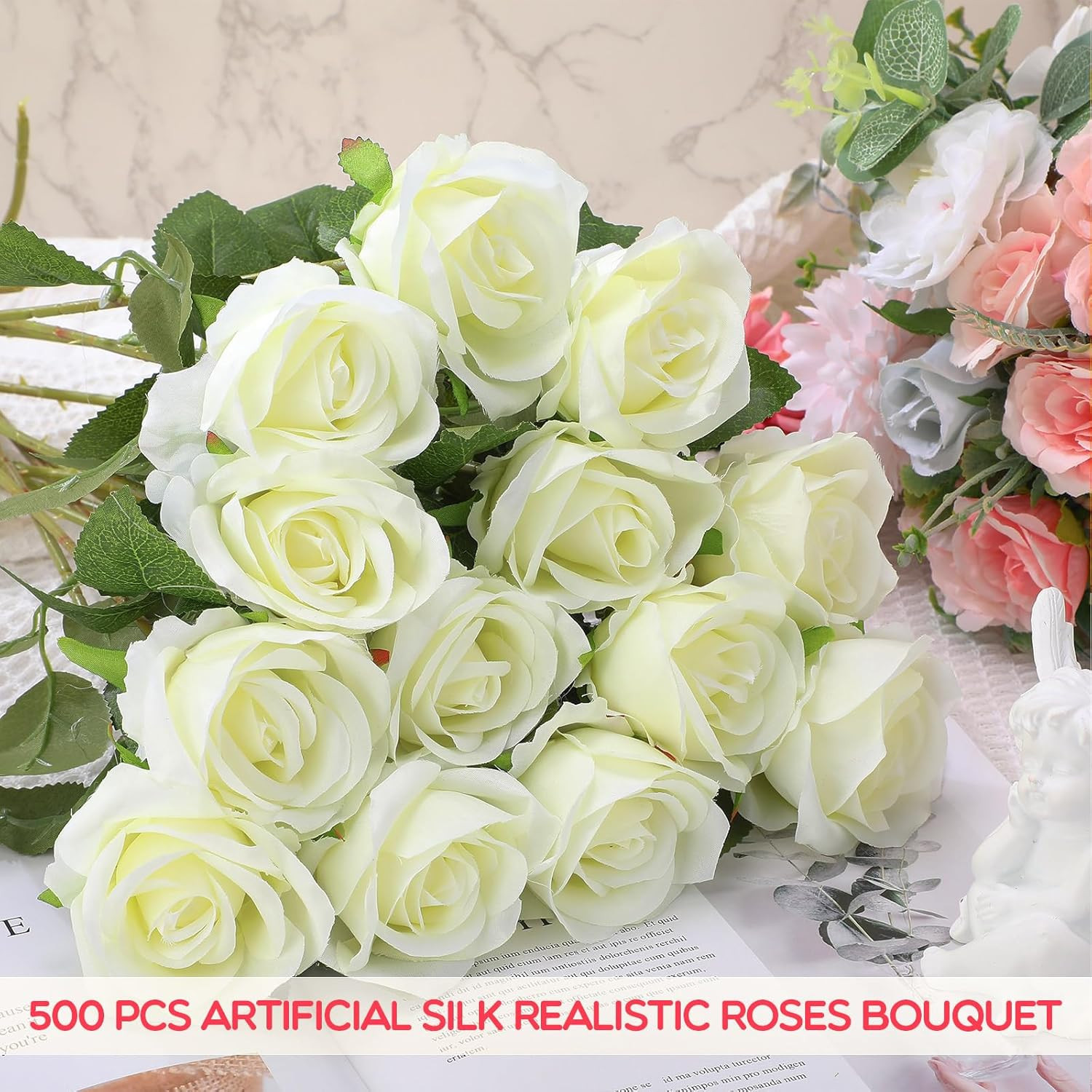500 Pcs Artificial Silk Roses Flowers with Long Stem Bridal Wedding Bouquet Real