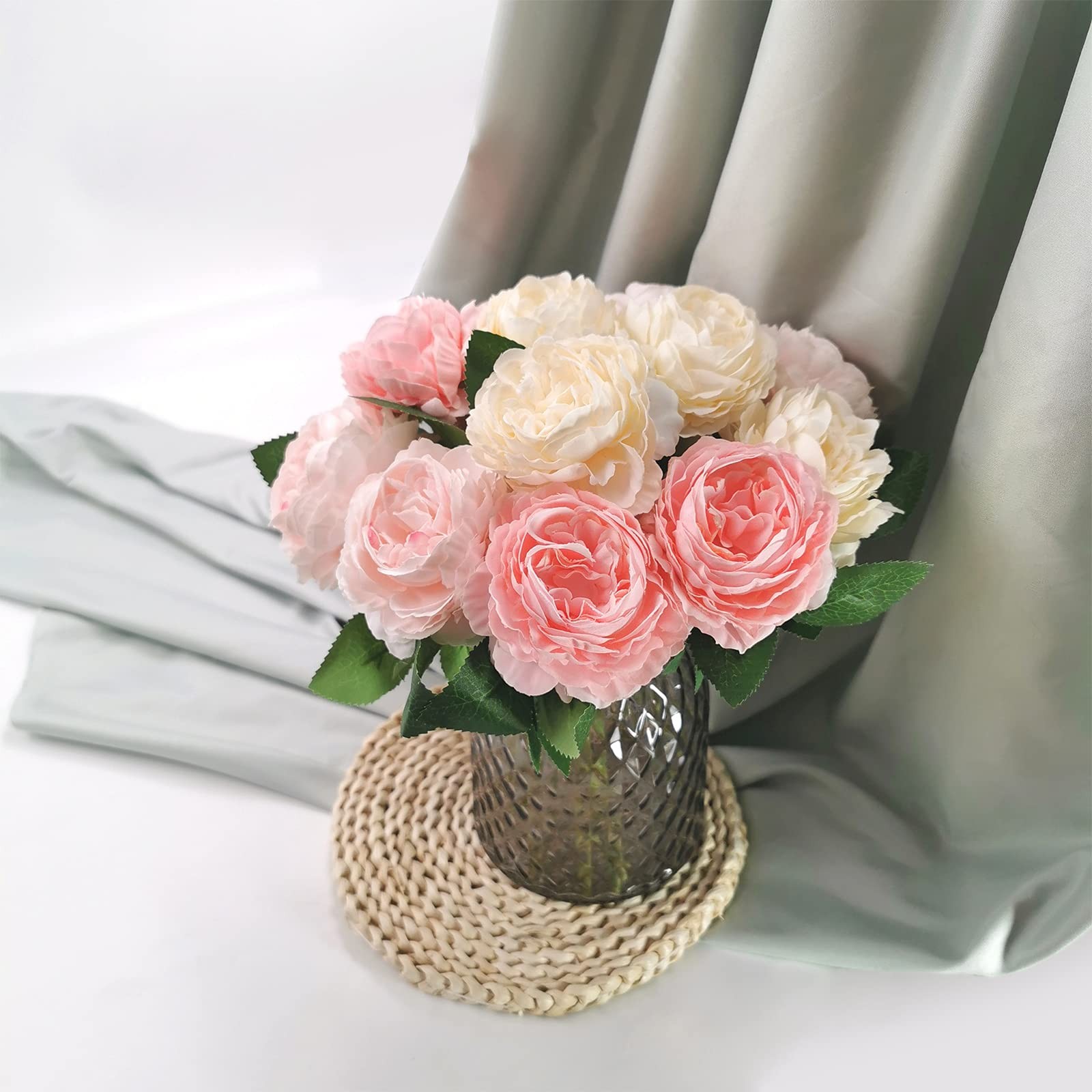 3 Corlors Artificial Peony Flowers with 2 Satin Ribbons & Greeting Card,12 He…
