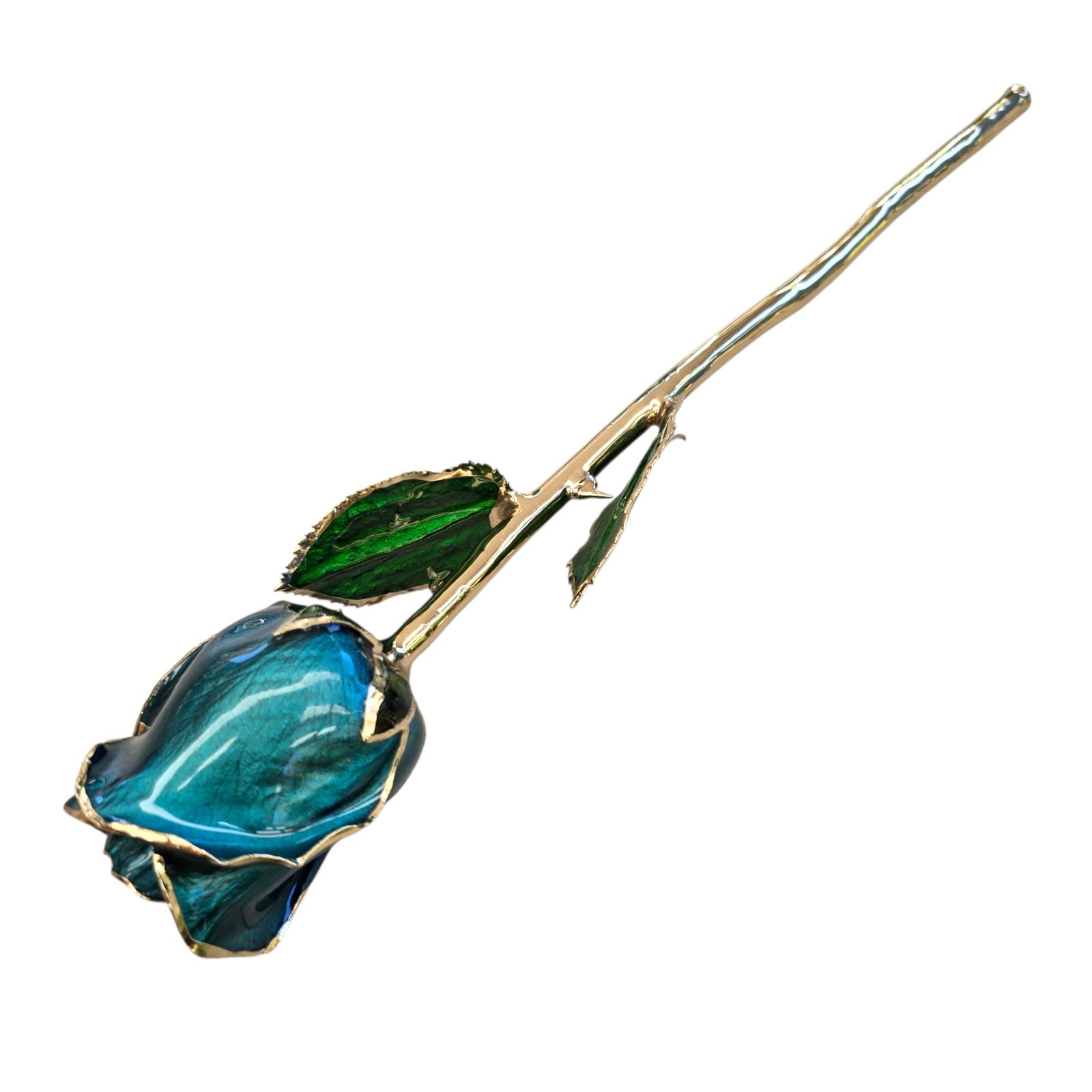 Long Stem Dipped 24k Gold Real Rose Teal Blue Enamel Coated Flower Elegant Decor