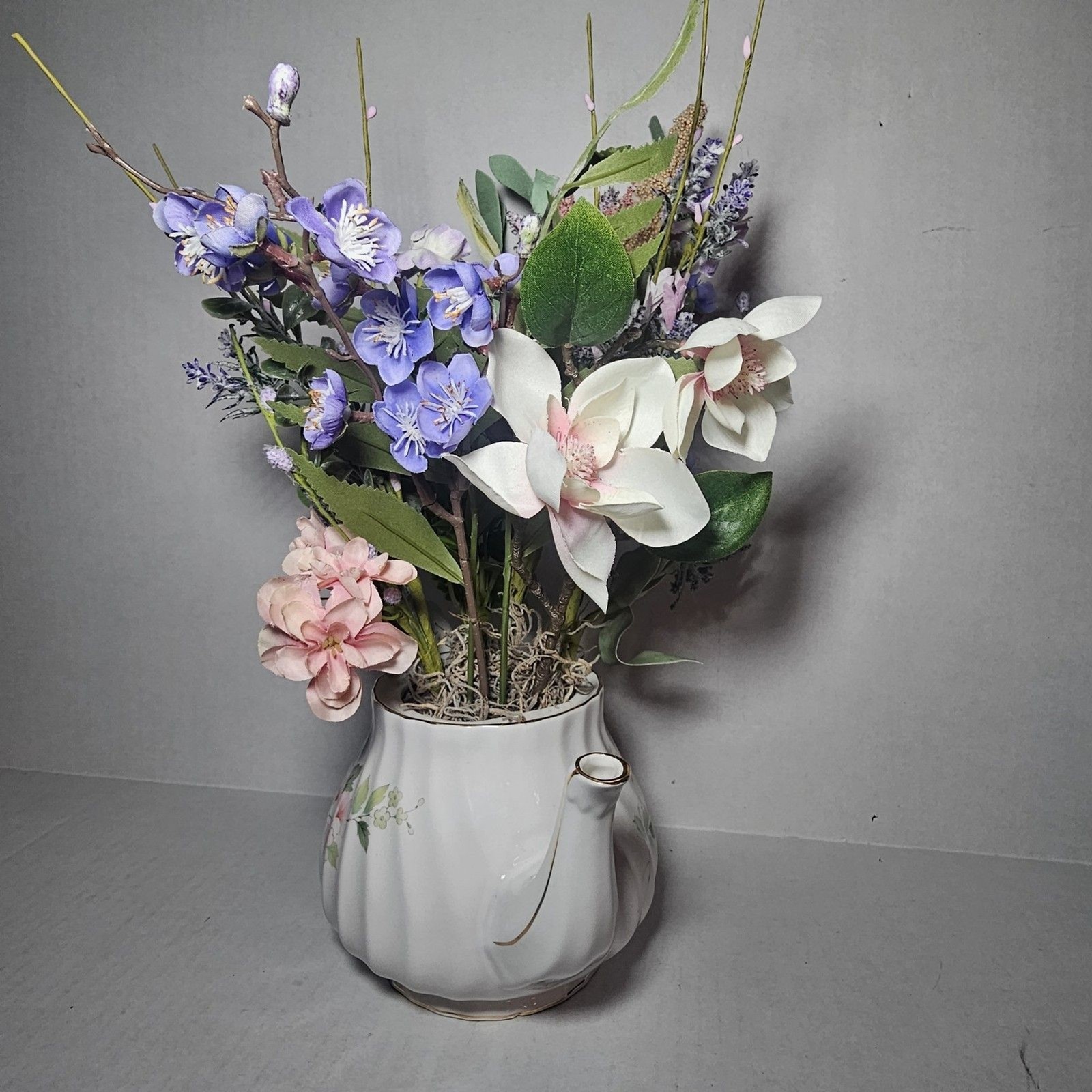 Handmade Artificial Floral Arrangement In Pink Floral Teapot Gold Accent