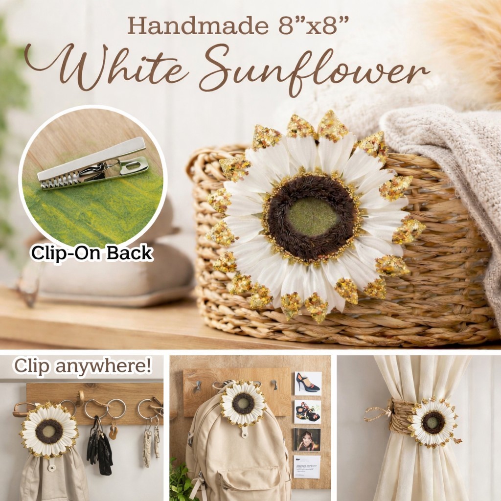 HANDMADE Faux Sunflower Sparkle Artificial WHITE Sunflower w/ Gold Glitter Piece