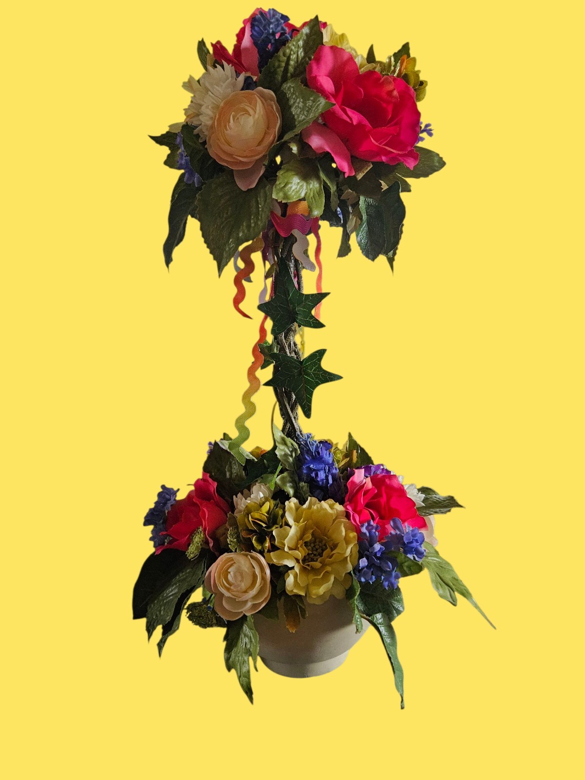 Colorful Mixed Silk Flower Topiary. Home Decor.