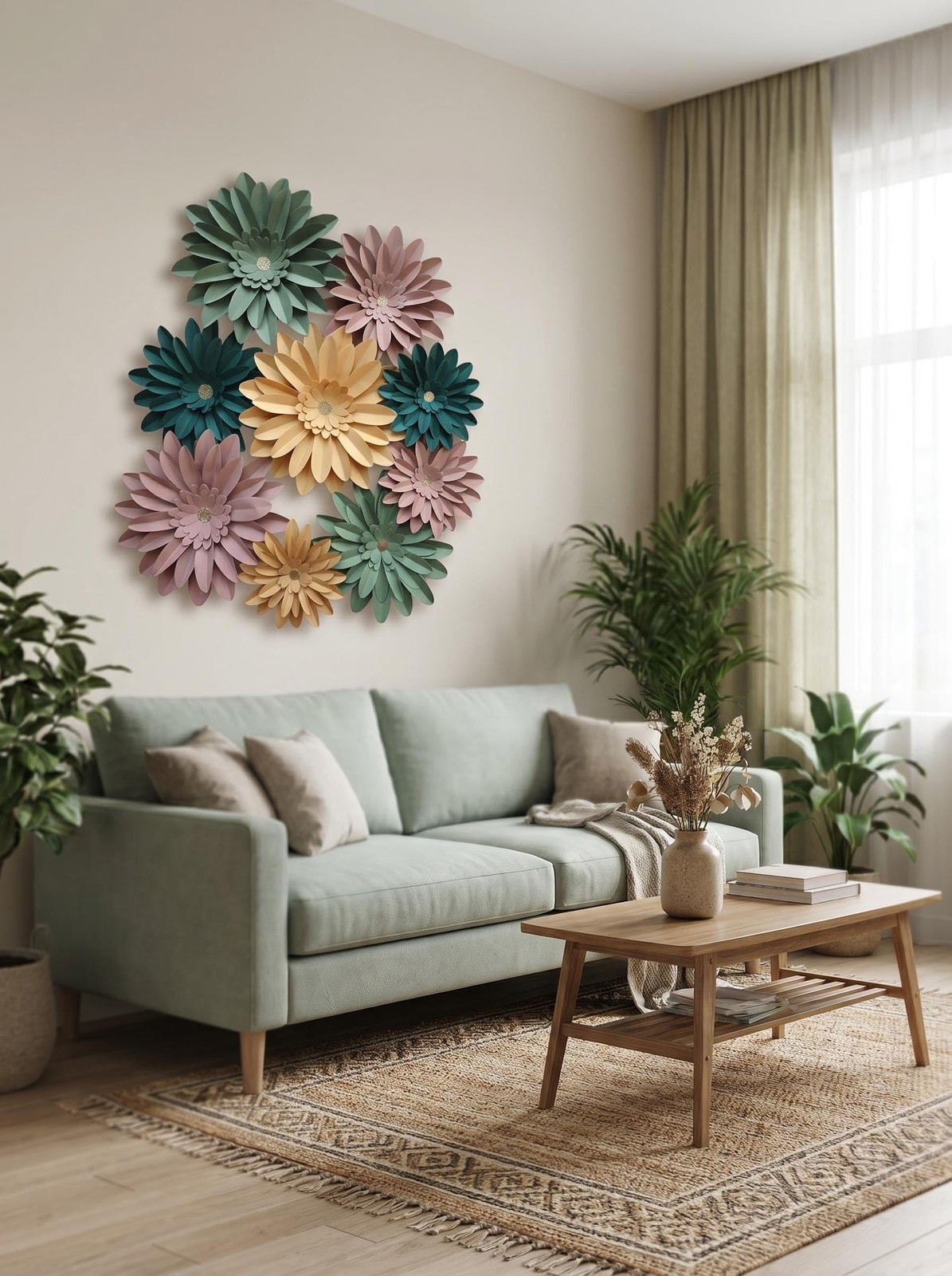 Dusty Pink-Sage Green-Mustard Yellow 3D Paper Flower Wall Decor Set of 9 – Ha…