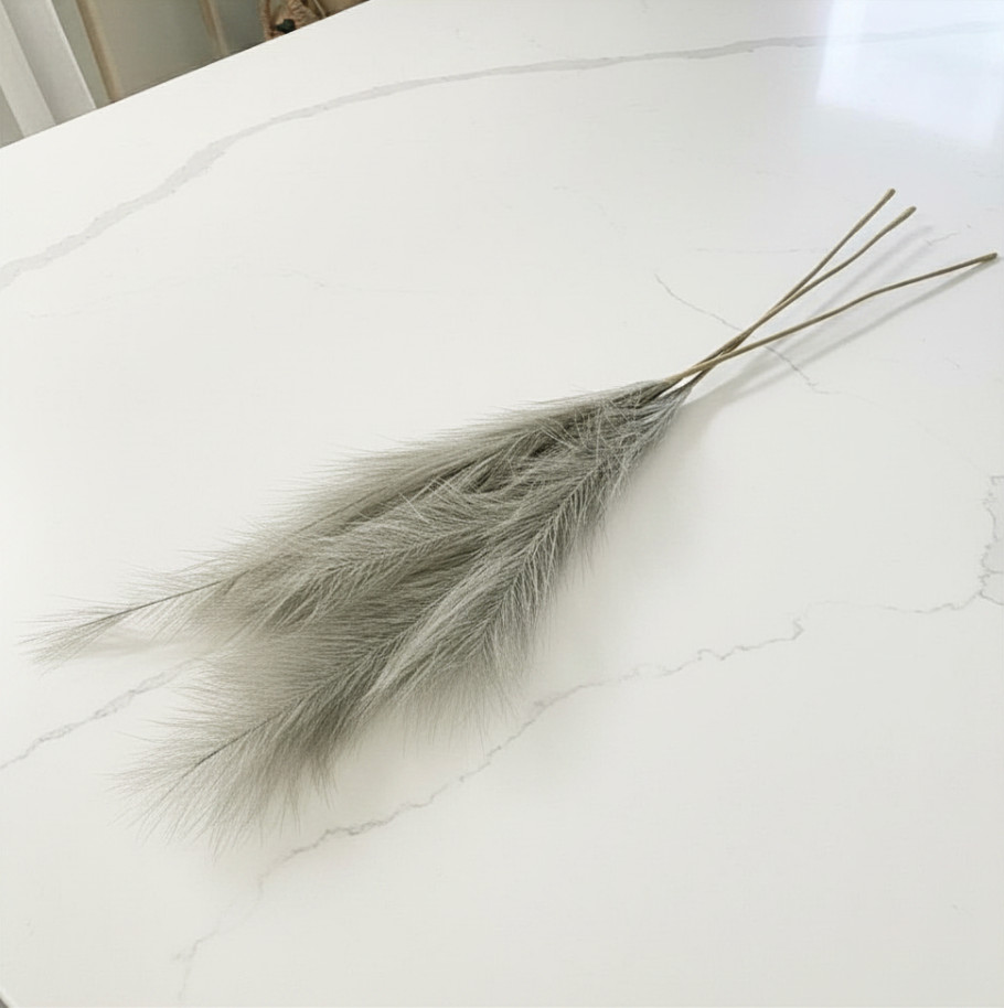 Set of 3 Faux Gray Feather Pampas Stems Coastal Farmhouse Rustic Styles 38″H