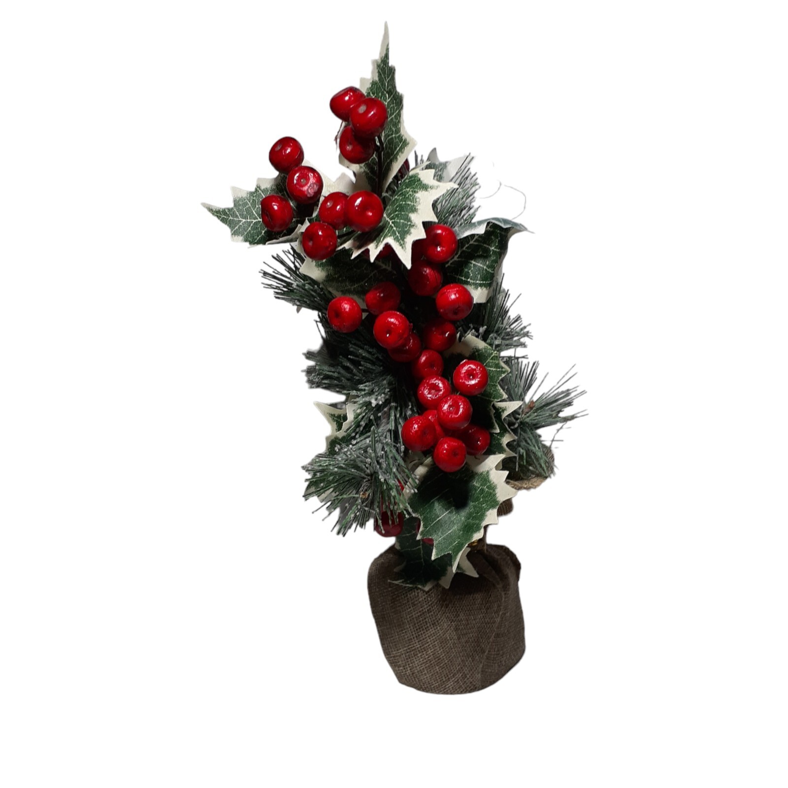 Home Decor Plant Artificial Holly Berries Pine Ivy Greenery In Burlap Winter 11″