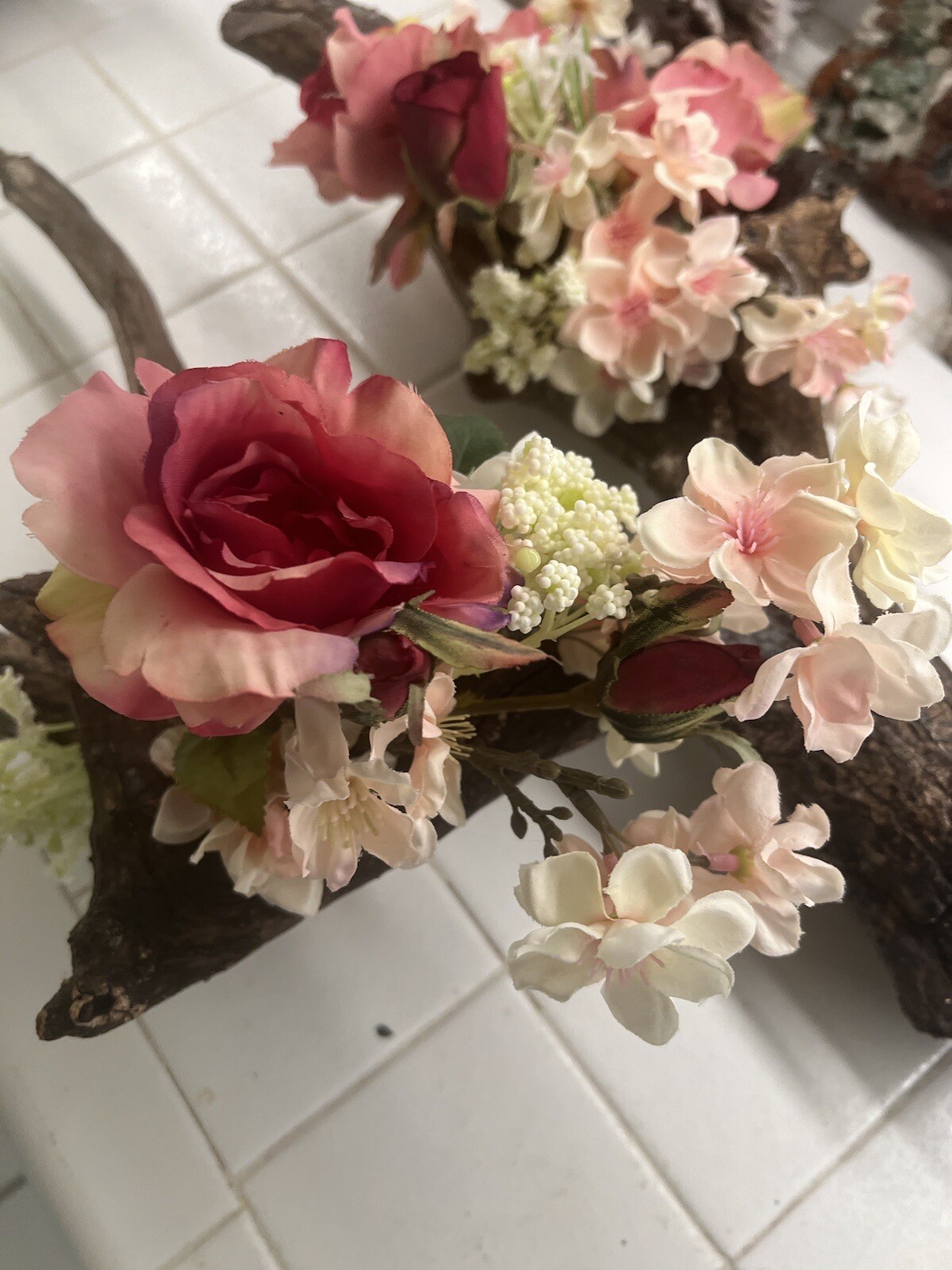 ORIGINAL FLORAL DESIGN WOOD BASE, ROSES, PEACH BLOSSOMS MOSSES BABY BREATH