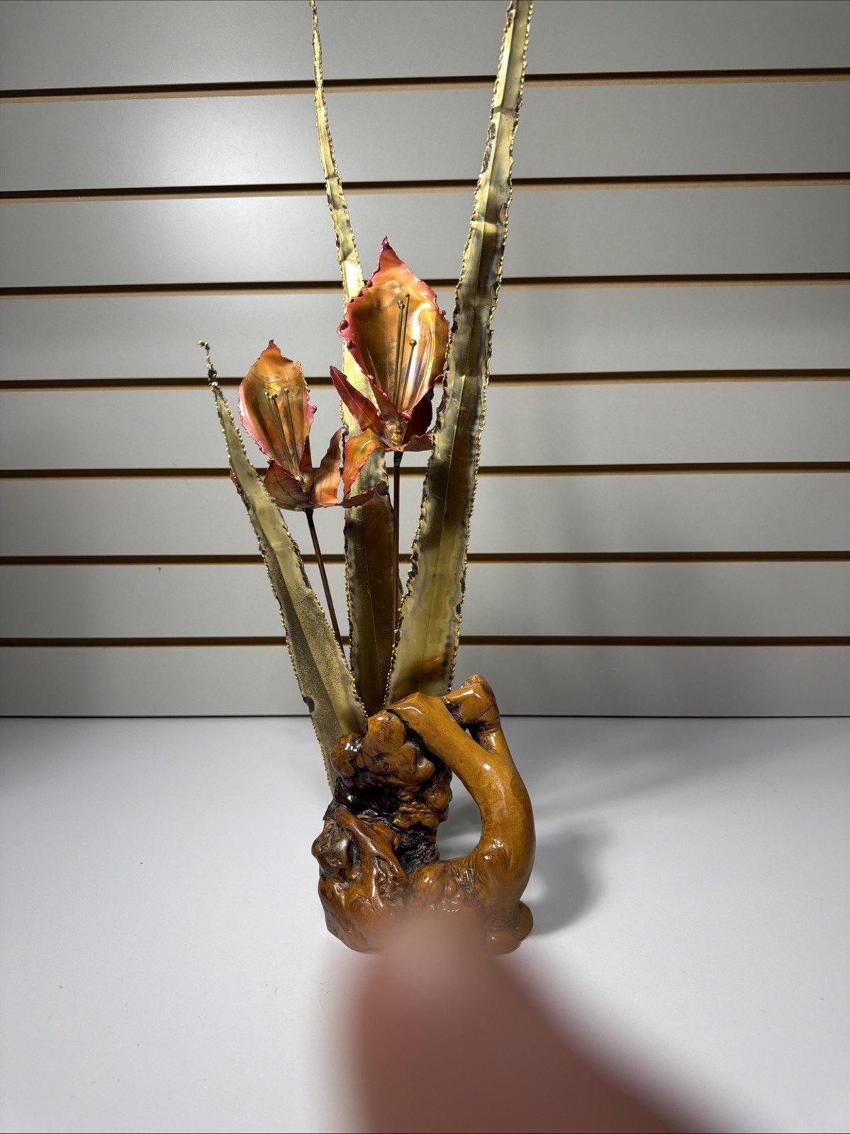 Brutalist Brass Copper Lilies On Burl Wood Stand Mid Century Vintage MCM Floral