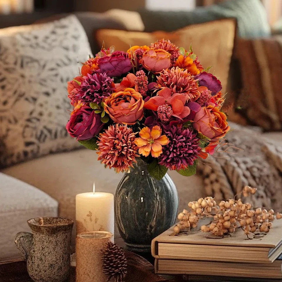3 Bundles Fall Artificial Flowers Bouquet Fake Peony Silk Chrysanthemums Autumn