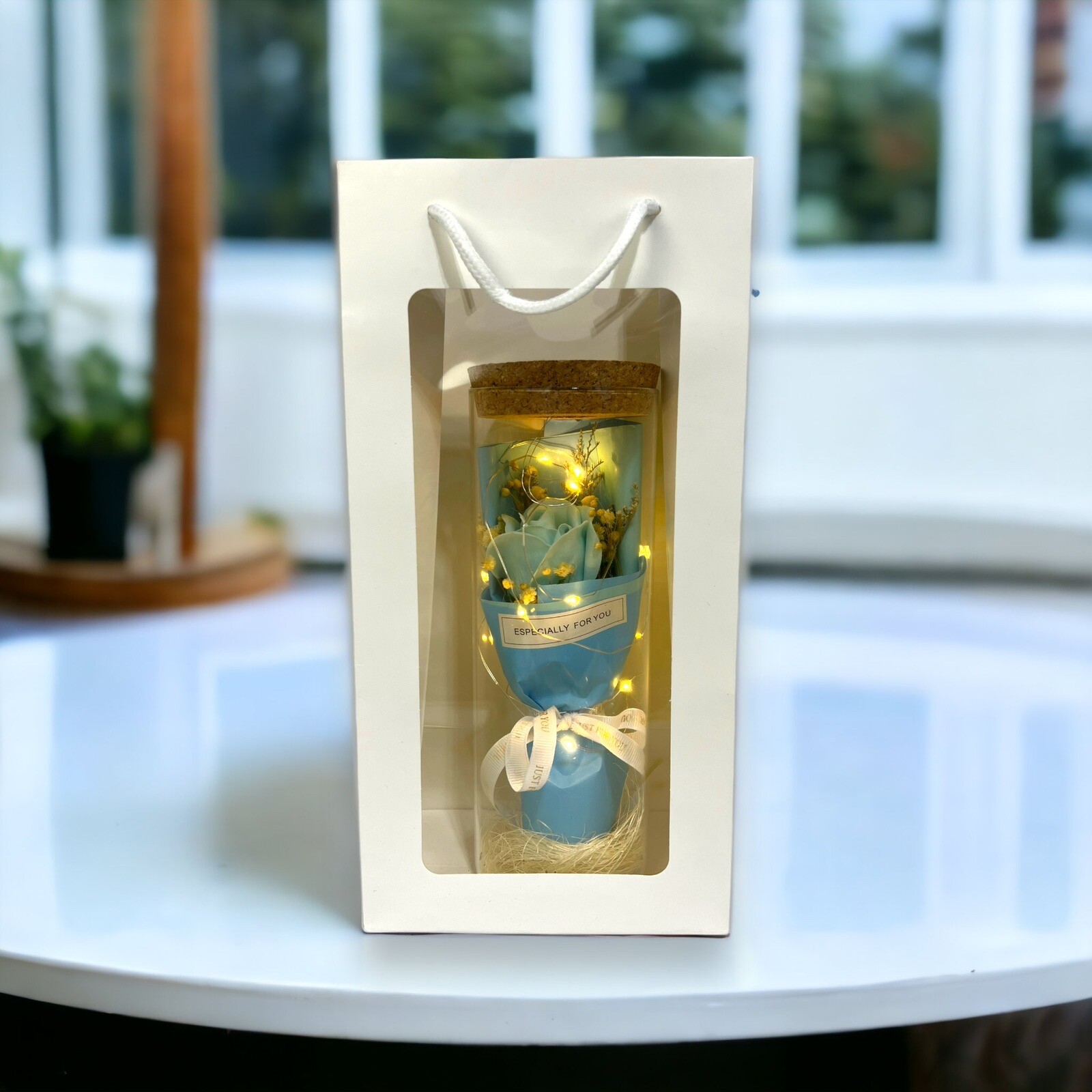 Teal Rose in Glass Dome LED Forever Flower Lamp Enchanted Mothers Day Gift