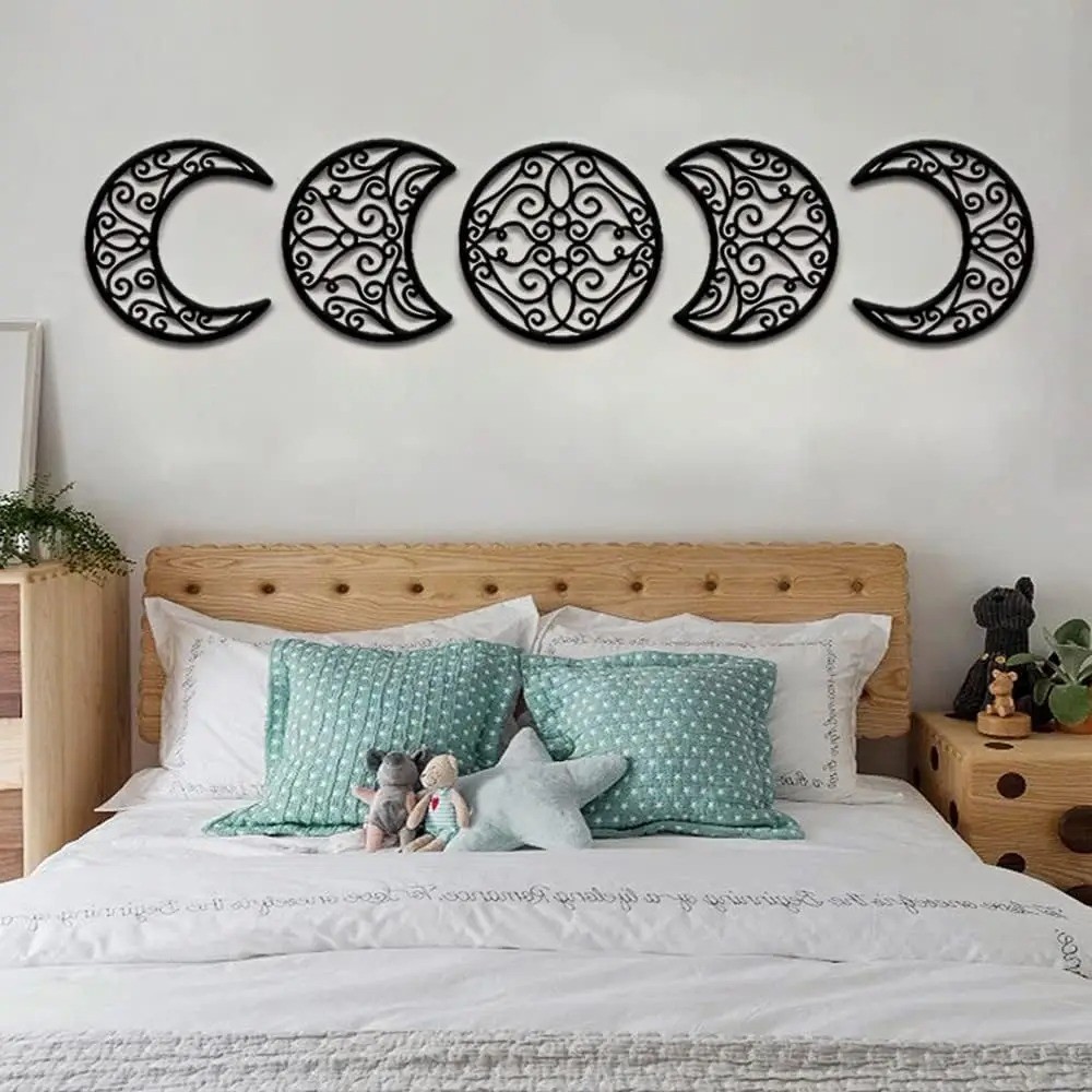5-Piece Black Moon Phase Metal Wall Art – Nordic Boho Living Room Bedroom Decor