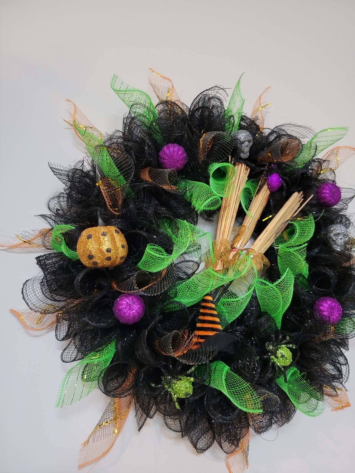 Halloween Deco Mesh Front Door Wreath Wall Decoration 18″ purple green black