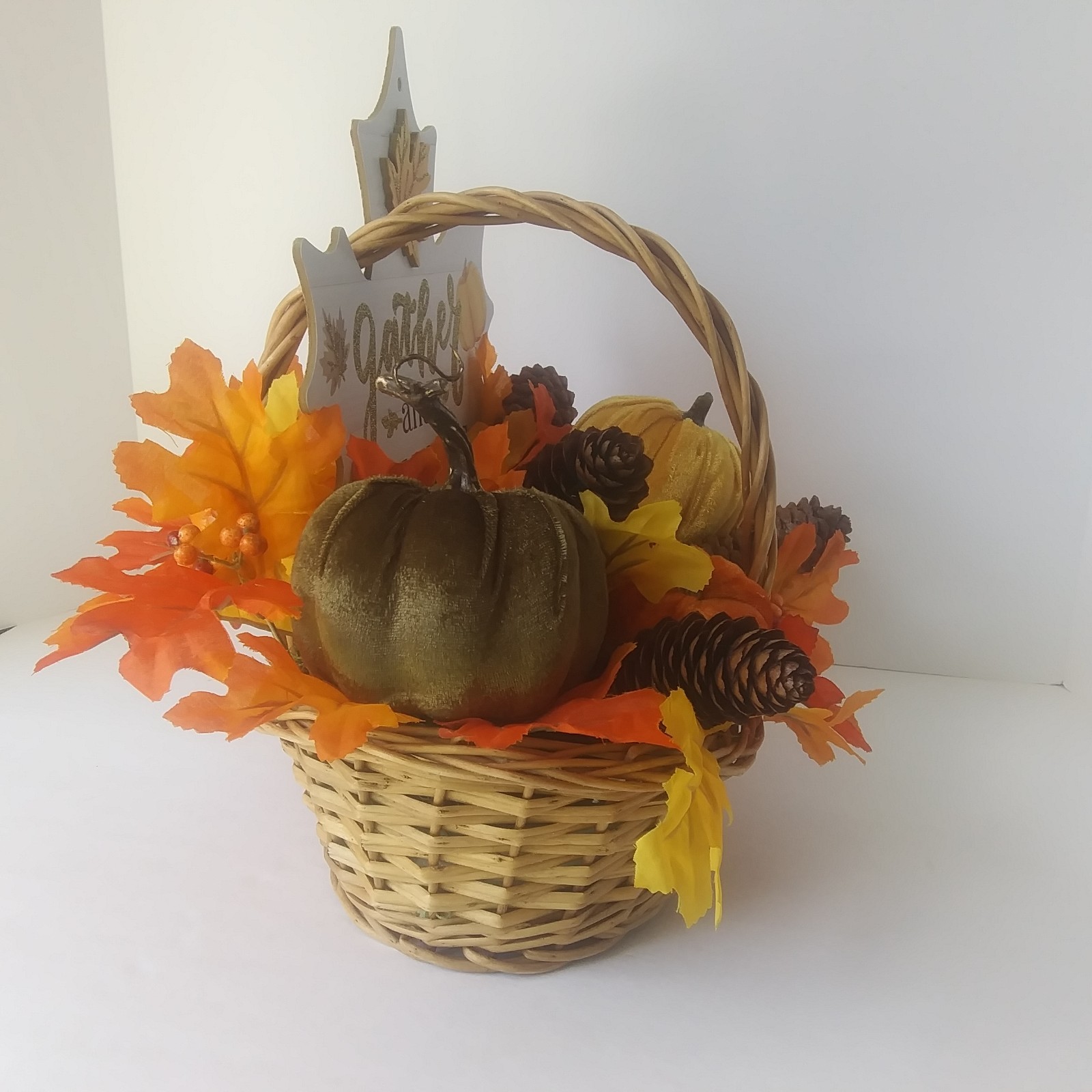 Fall Harvest Basket Centerpiece Gather & Give Thanks Pumpkins Pinecones Decor