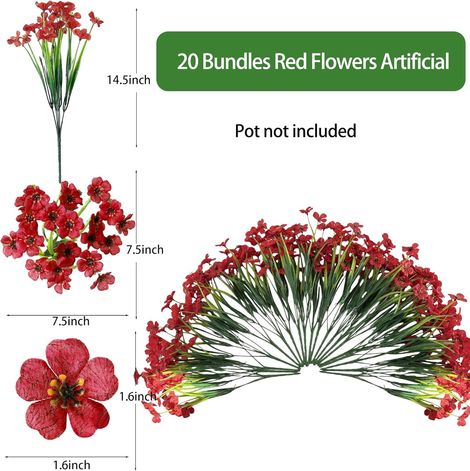 20 Bundles Artificial Flowers for Outdoors, UV Resistant Fake Flowers with Plast