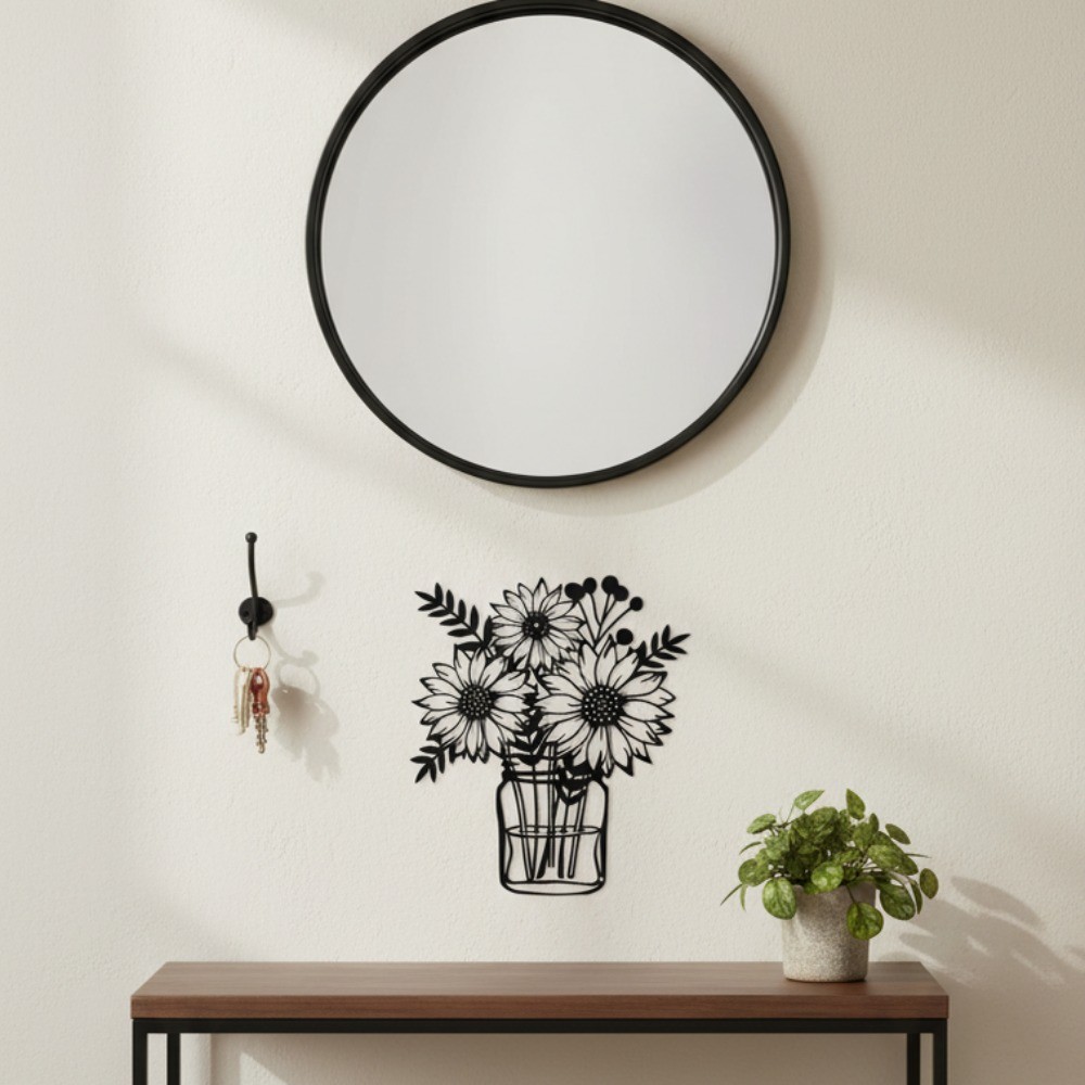 Black Sunflower Metal Wall Vase Sculpture – Nature-Inspired Bathroom Decor