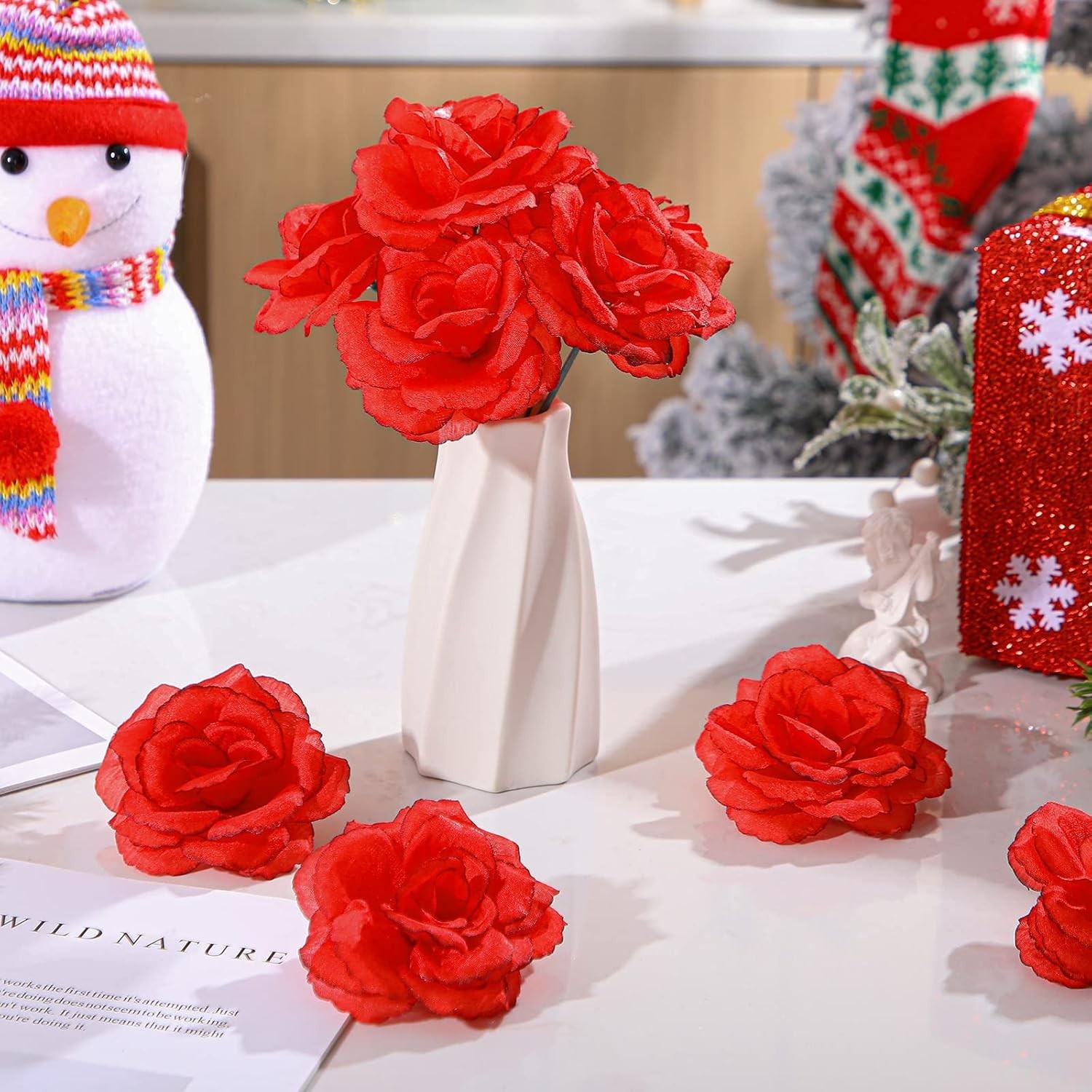 100 Pcs Artificial Flowers Fake Silk Roses Long Stem Rose Bouquet Wedding Par…