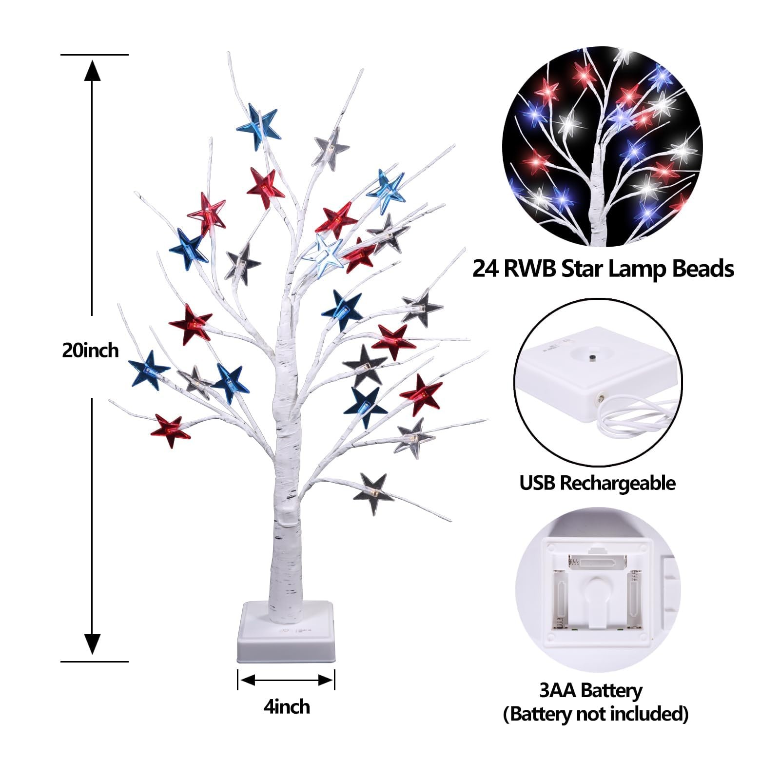 2Pack 24Inch 4th of July Decorations Patriotic Tree Lights, 24 LED Red White …