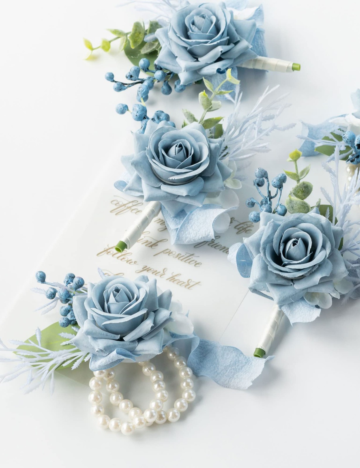 2 PCS Wrist Corsage Wristlet And Boutonniere Set Wedding Prom Dusty Blue