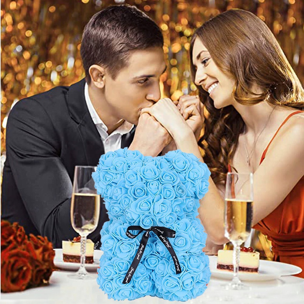 2023 Light Blue Rose Flower Teddy Bear with Gift Box -25cm Valentines & Birthday