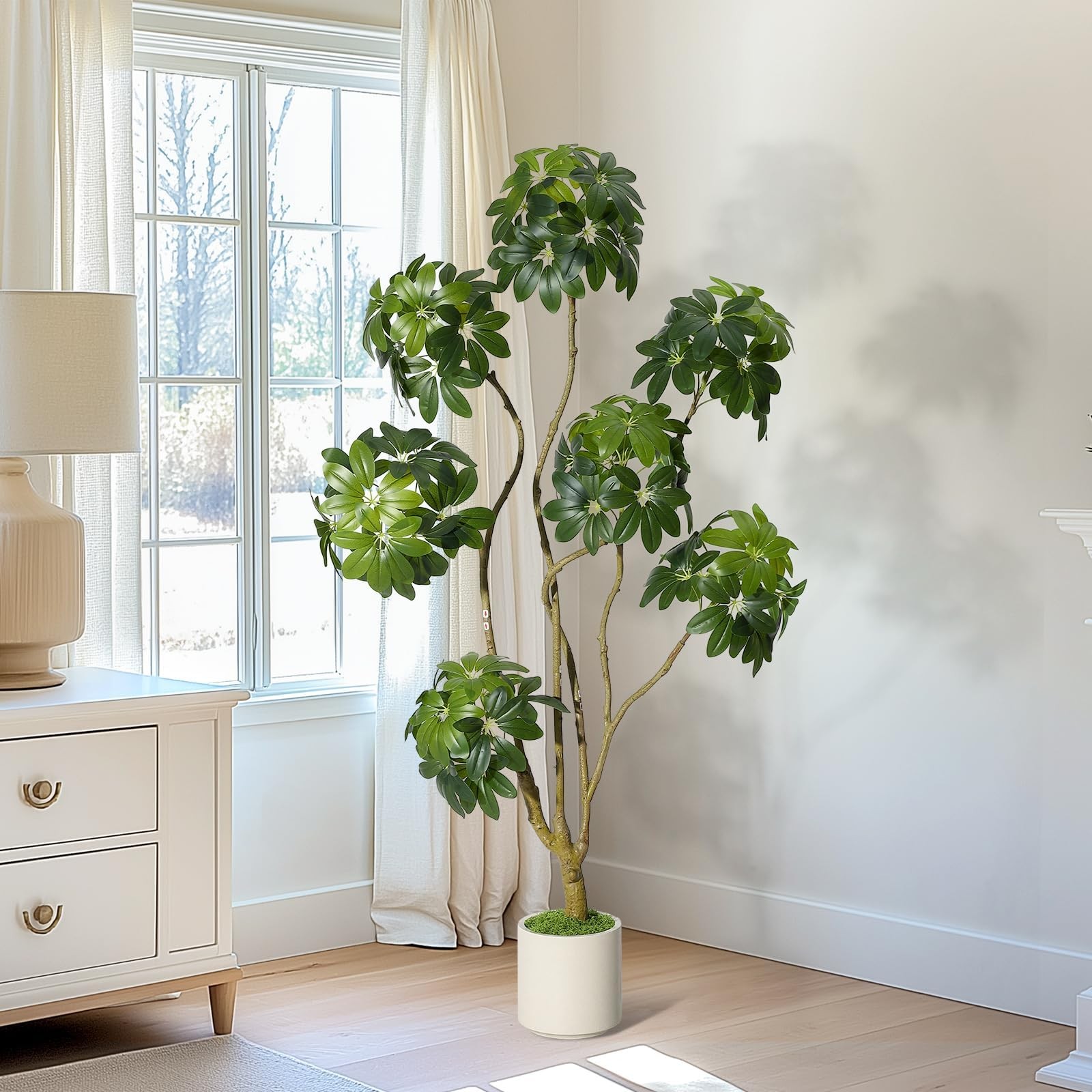 Artificial Schefflera Tree Multi-Trunk Faux Plant in White Planter for Home