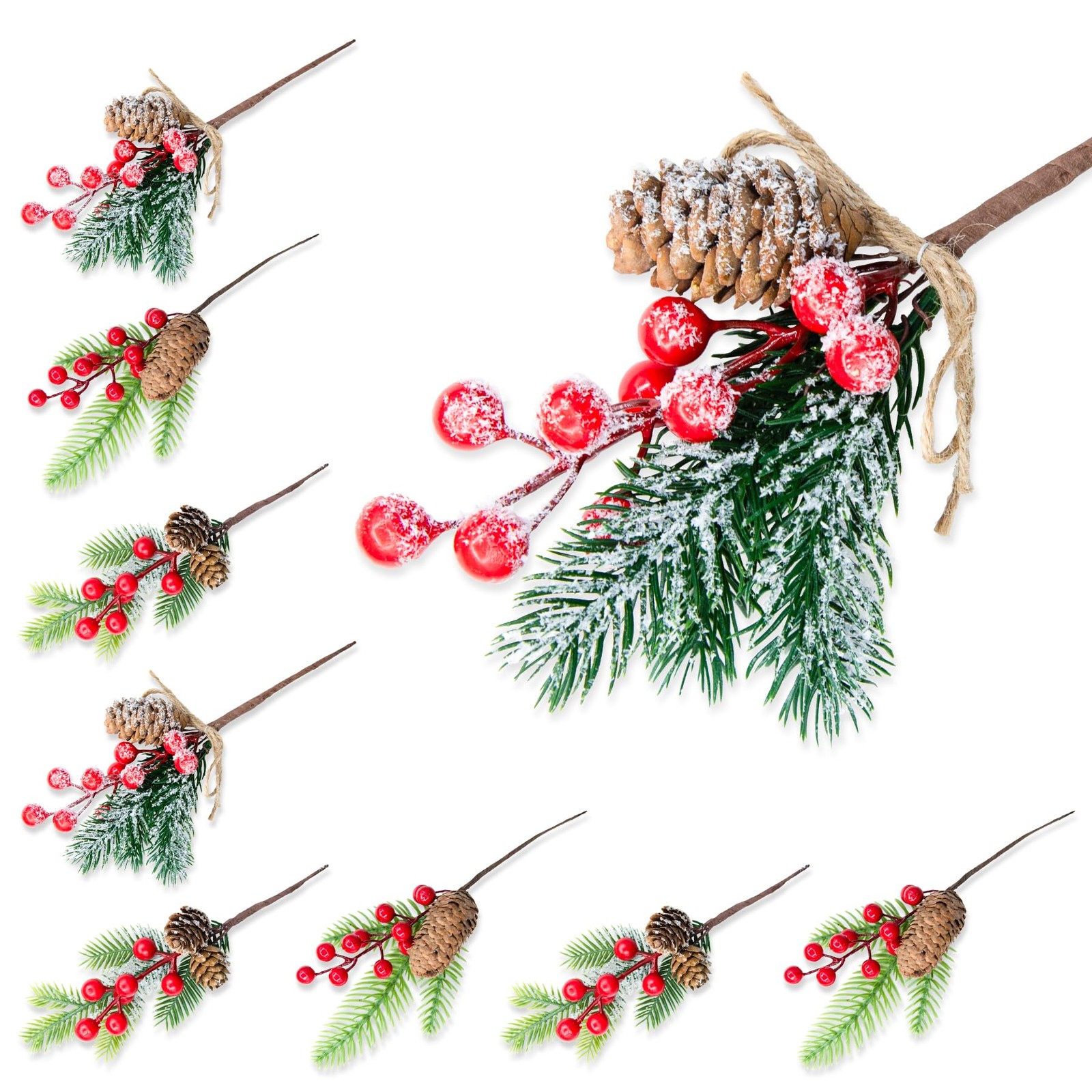 9 Pack Artificial Christmas Picks Red Berry Pine Sprays Tree Wreath Decor