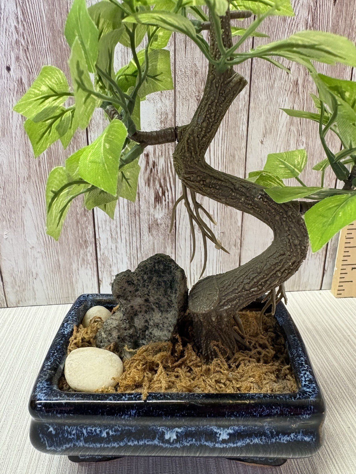 Artificial Bonsai Tree 8” Faux Plant In Vintage Blue 4×3 Pot FREE SHIPPING