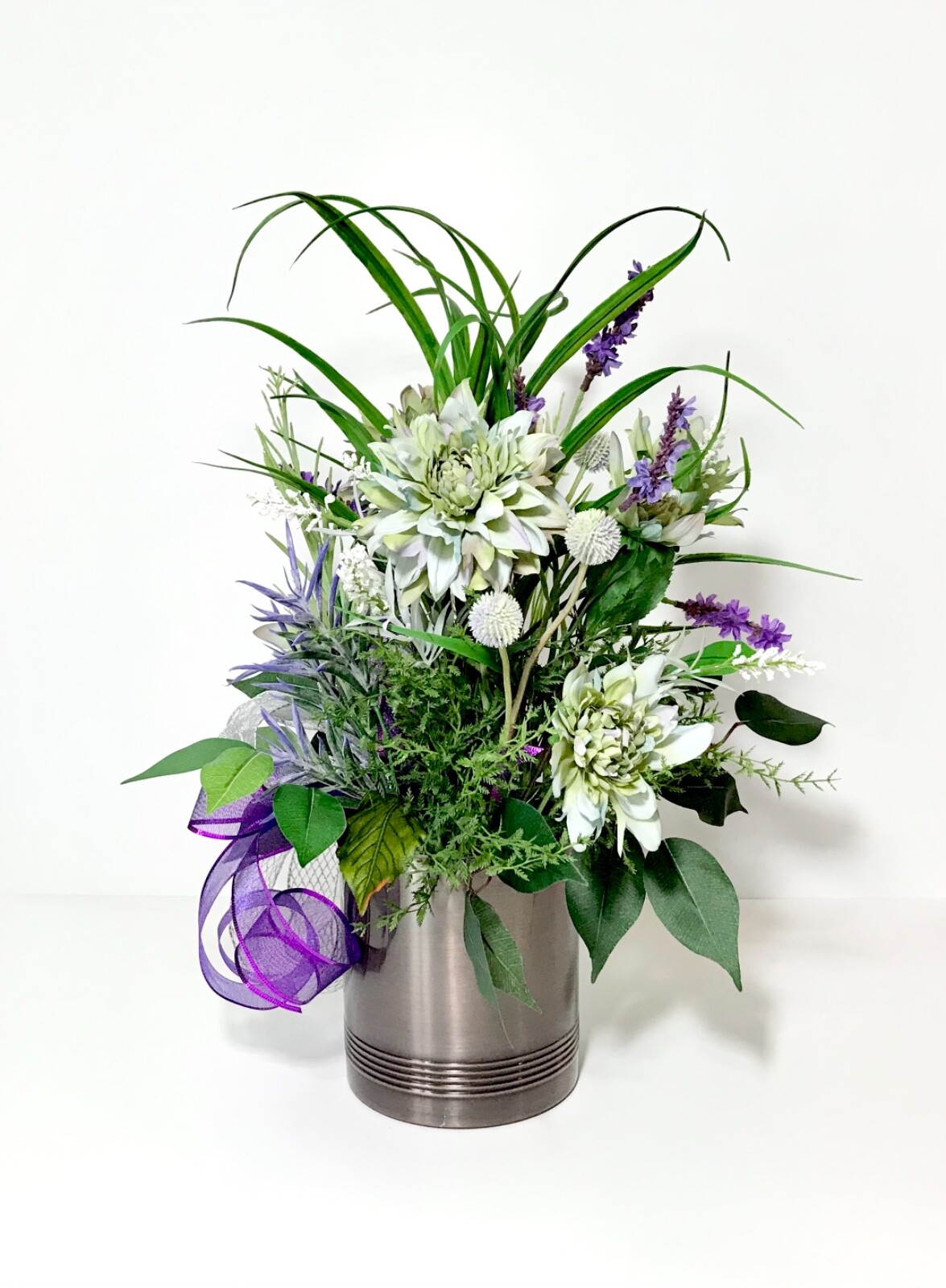 LARGE PURPLE GREEN FLORAL SPRING ARRANGEMENT BRONZE METAL CONTAINER CENTERPIECE