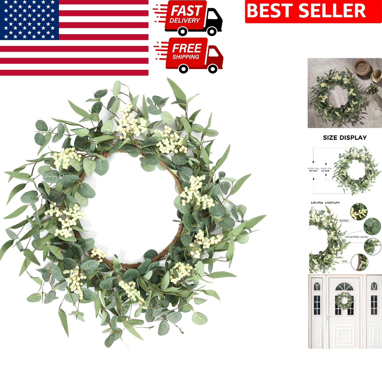 All-Season 20” Eucalyptus Wreath for Front Door & Decor