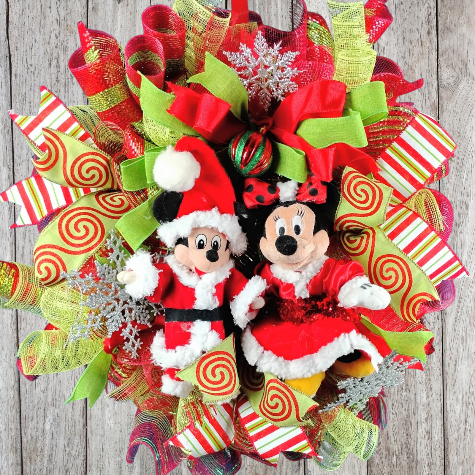 Mickey and Minnie Mouse Christmas Wreath Large 24″ Red & Green Front Door Decor
