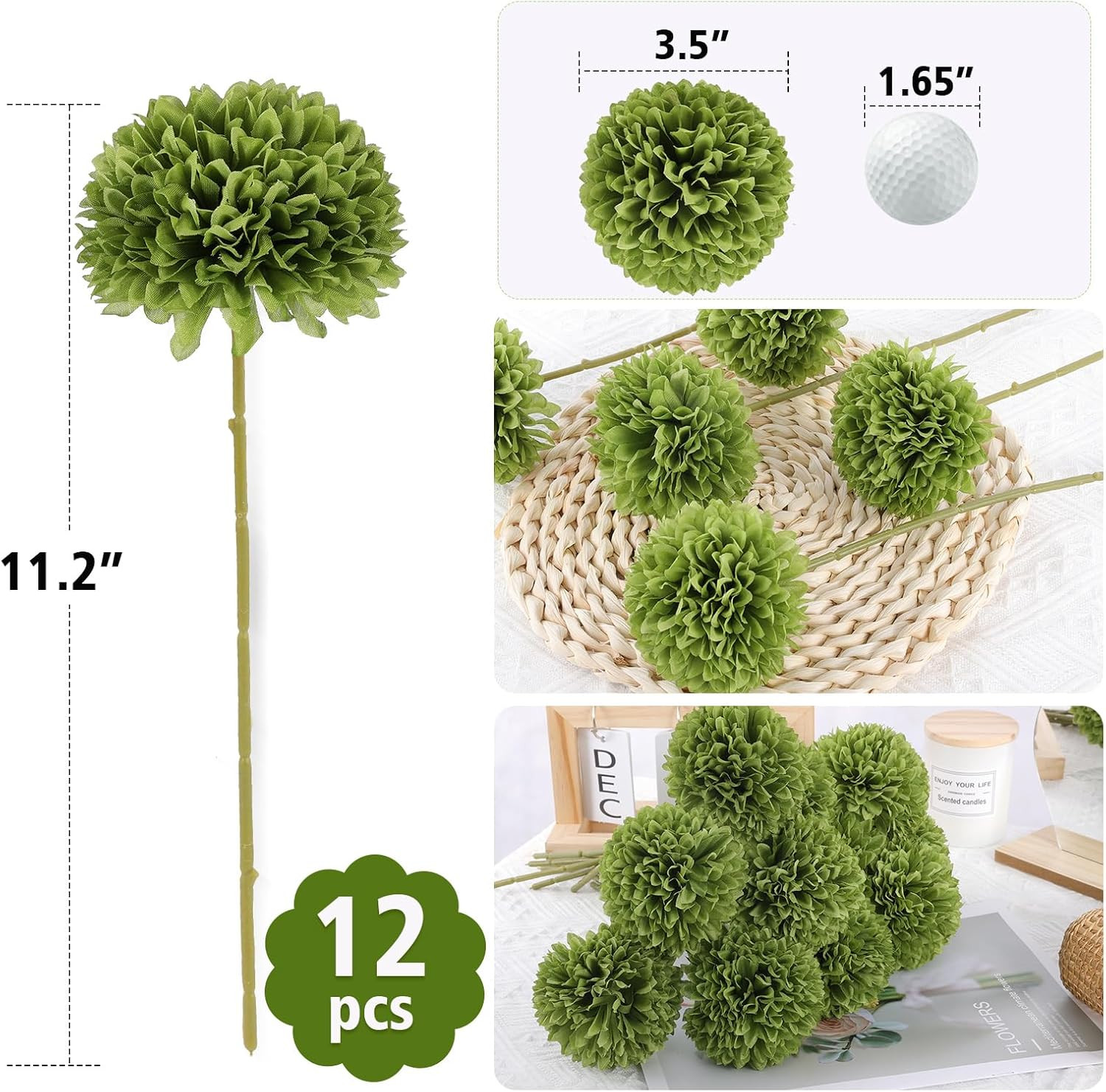 12 Pcs Artificial Chrysanthemums Flowers Green Flowers Silk Fake Mums Flowers fo