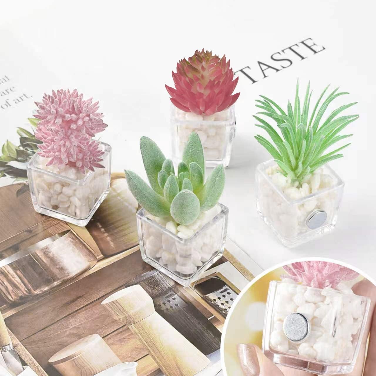Mini Artificial Succulent 4 Pcs Lifelike Simulation with Pot Small Plants White