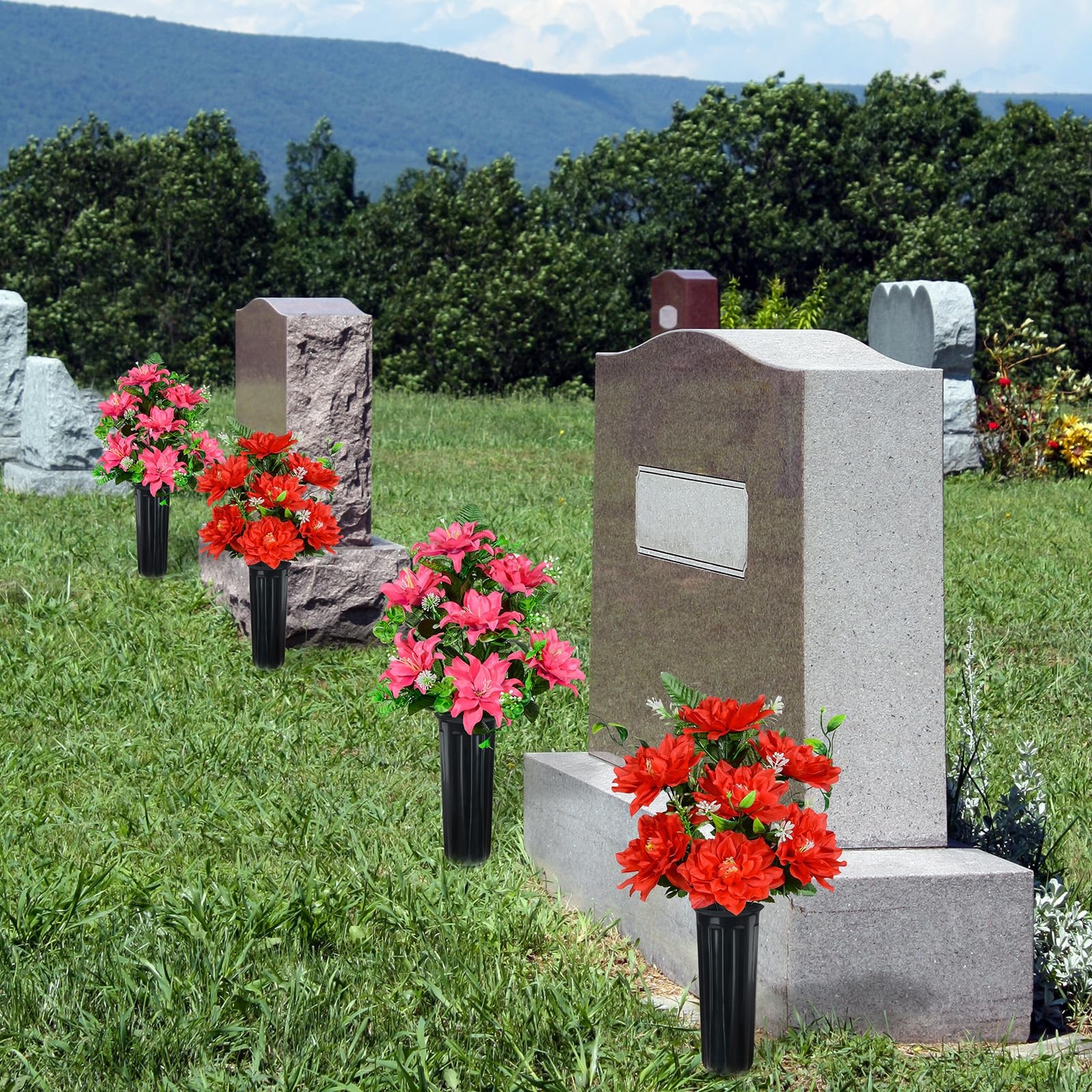 4 PCS Red 7 Head Artificial Cemetery Flower Memorial Graveside Decor Vase