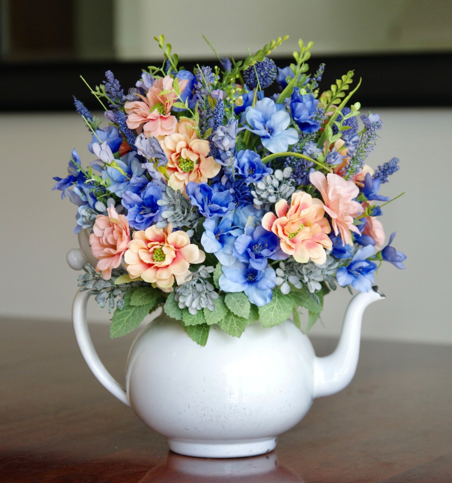 Vintage White Enamel Teapot With Peach Daisies With Blue Delphinium, Wildflowers