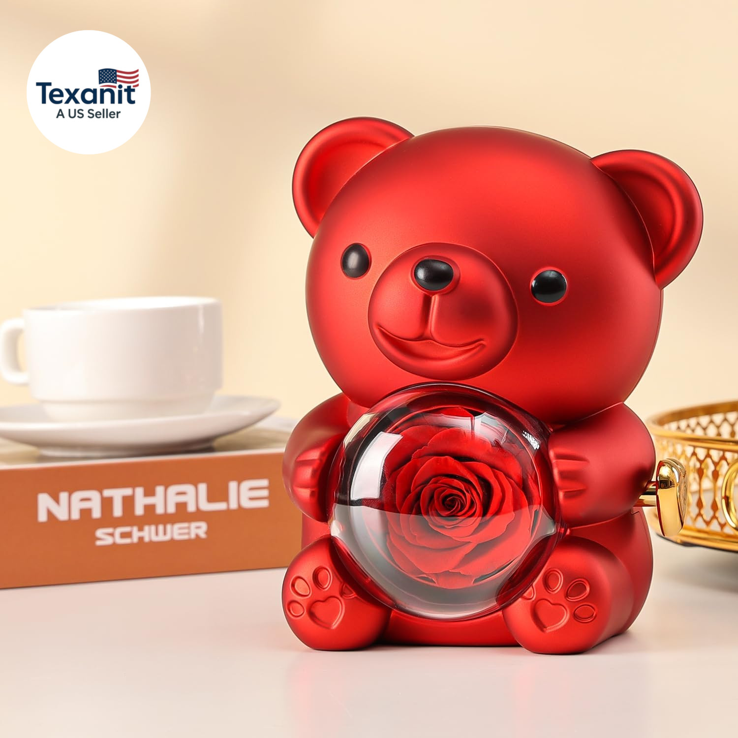 Cute Teddy Bear with Preserved Rose – a Real Rose Flower in Bear with Elegant Gi