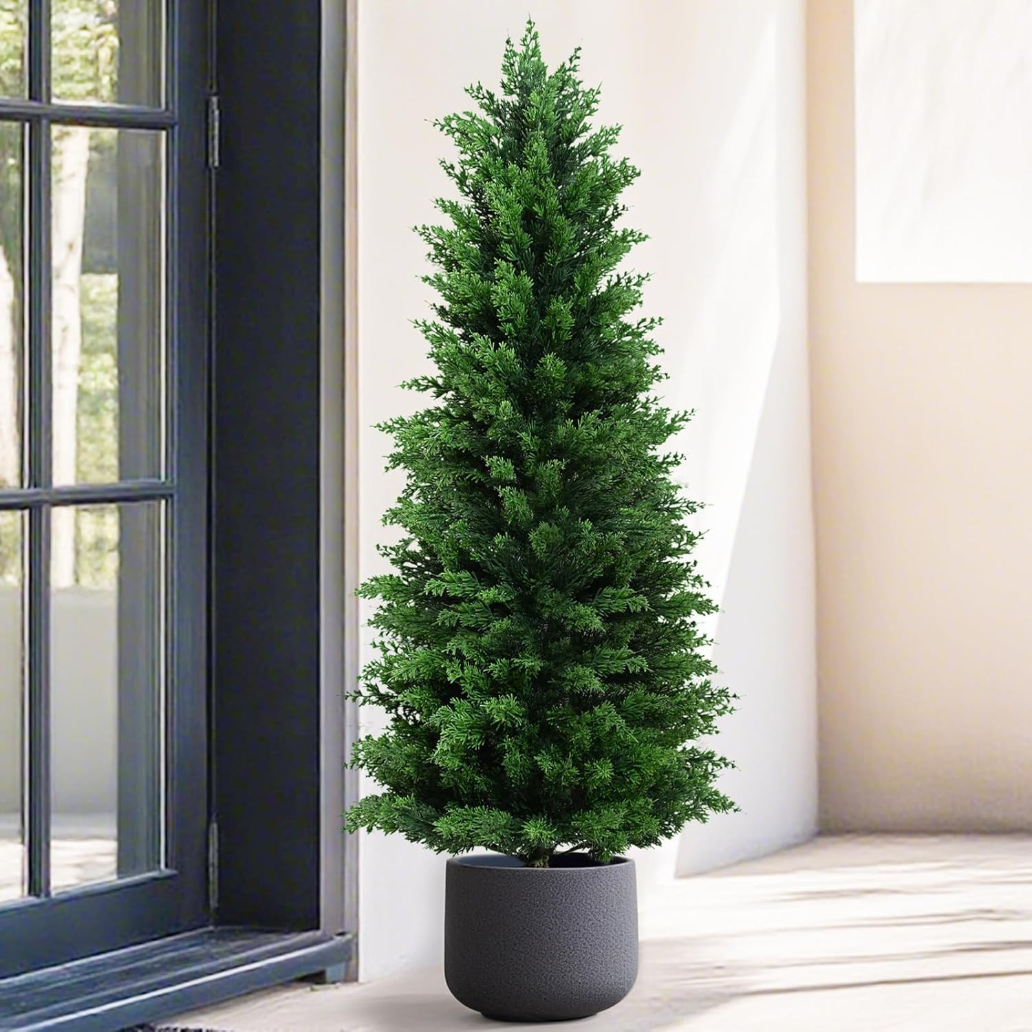 Artificial Cedar Topiary Trees Christmas Topiary Outdoor, 4Ft Fake Shrubs Potted