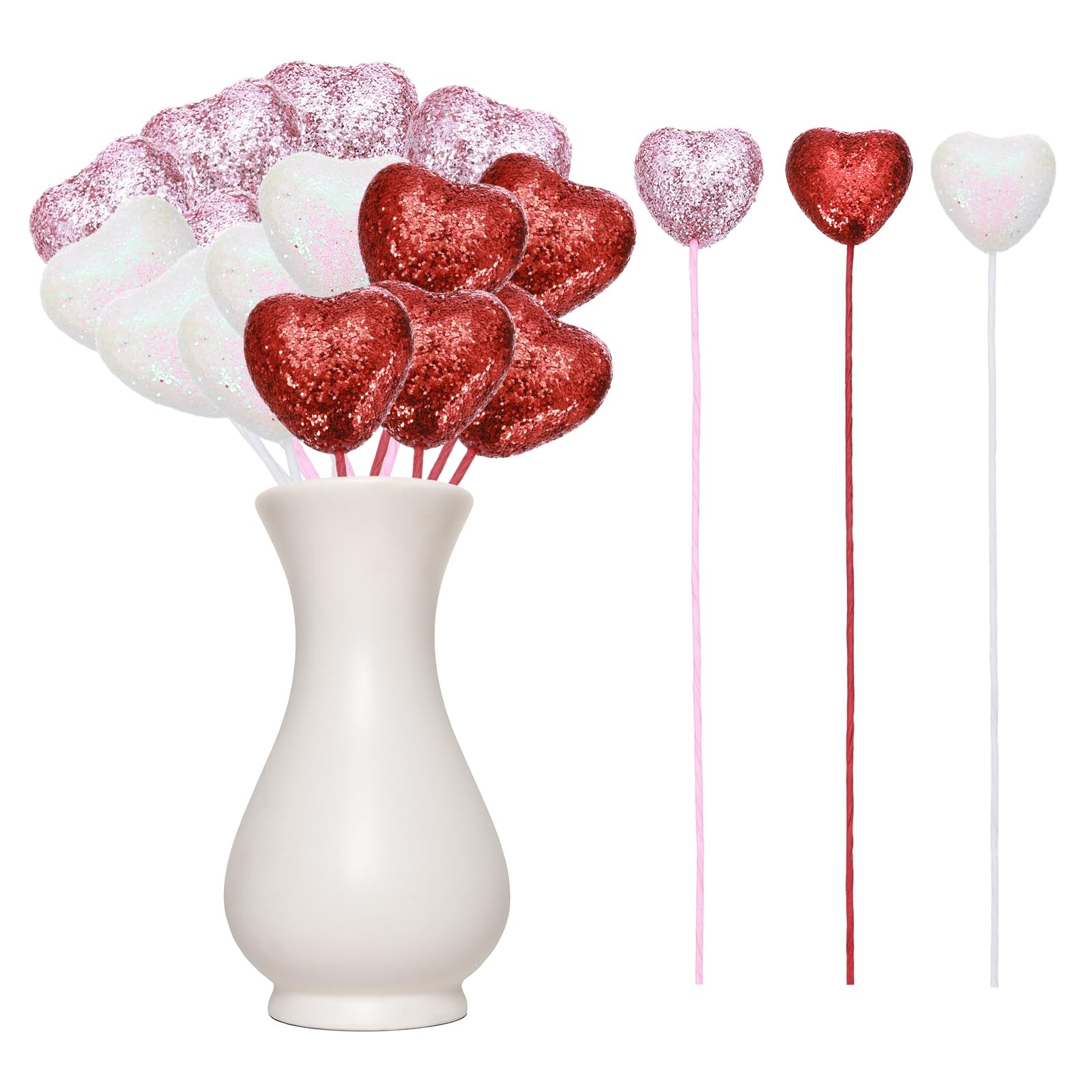24 Pcs Glitter Heart Shaped Picks Puffy Foam Hearts Floral Sparkly Stick for …