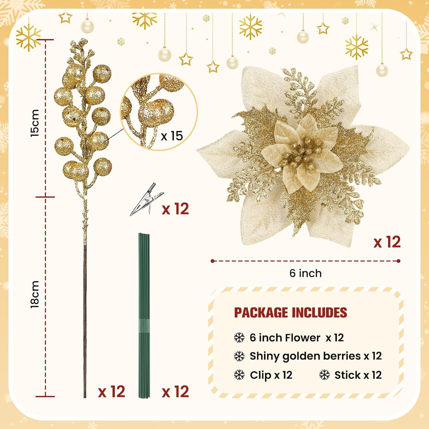 24Pc Gold Christmas Tree Decorations, 12 Poinsettia Flowers & 12 Glitter Picks