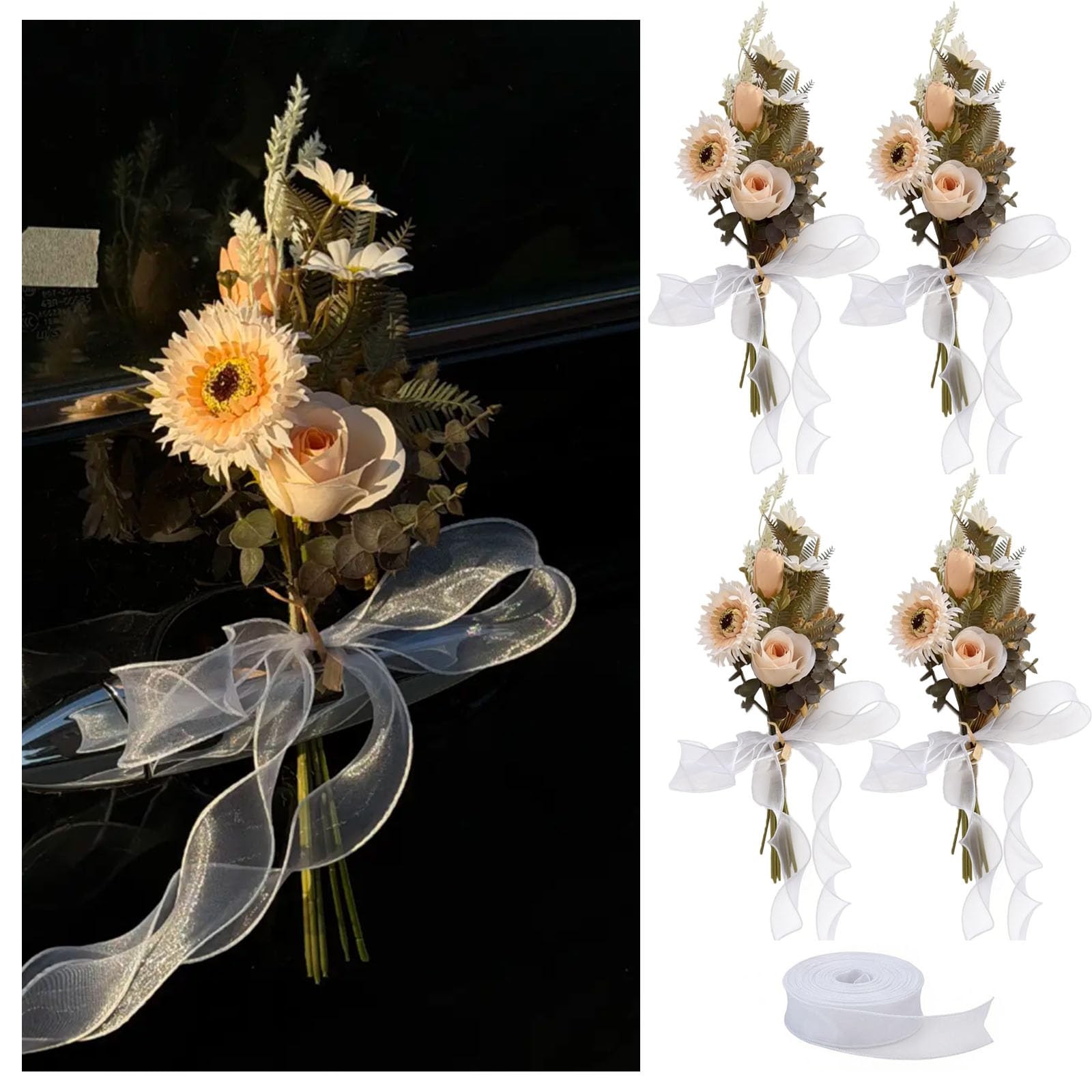12-inch Champagne Wedding Car Door Handle Decorations – Handmade Daisy & Sunf…