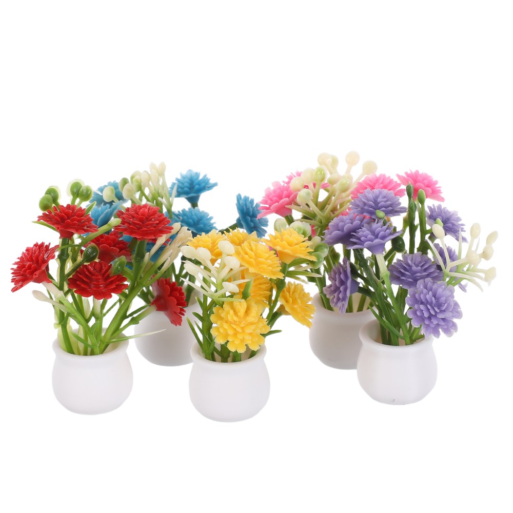 5pcs Mini Flower Pot Set with Artificial Flowers for Dollhouse and Fairy Garden