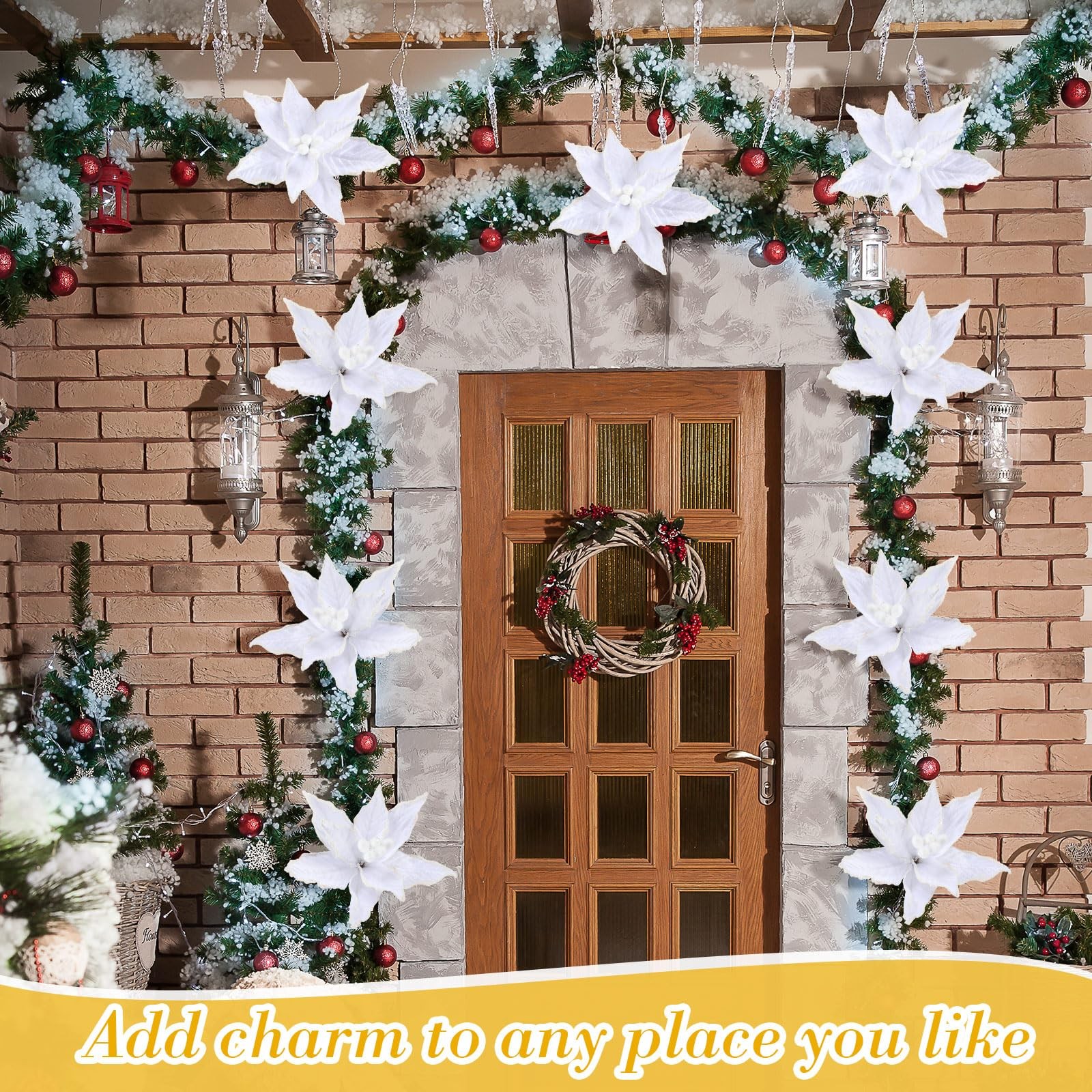 6 PCS White Christmas Poinsettia Flowers Artificial Large Picks Faux Frost Tree